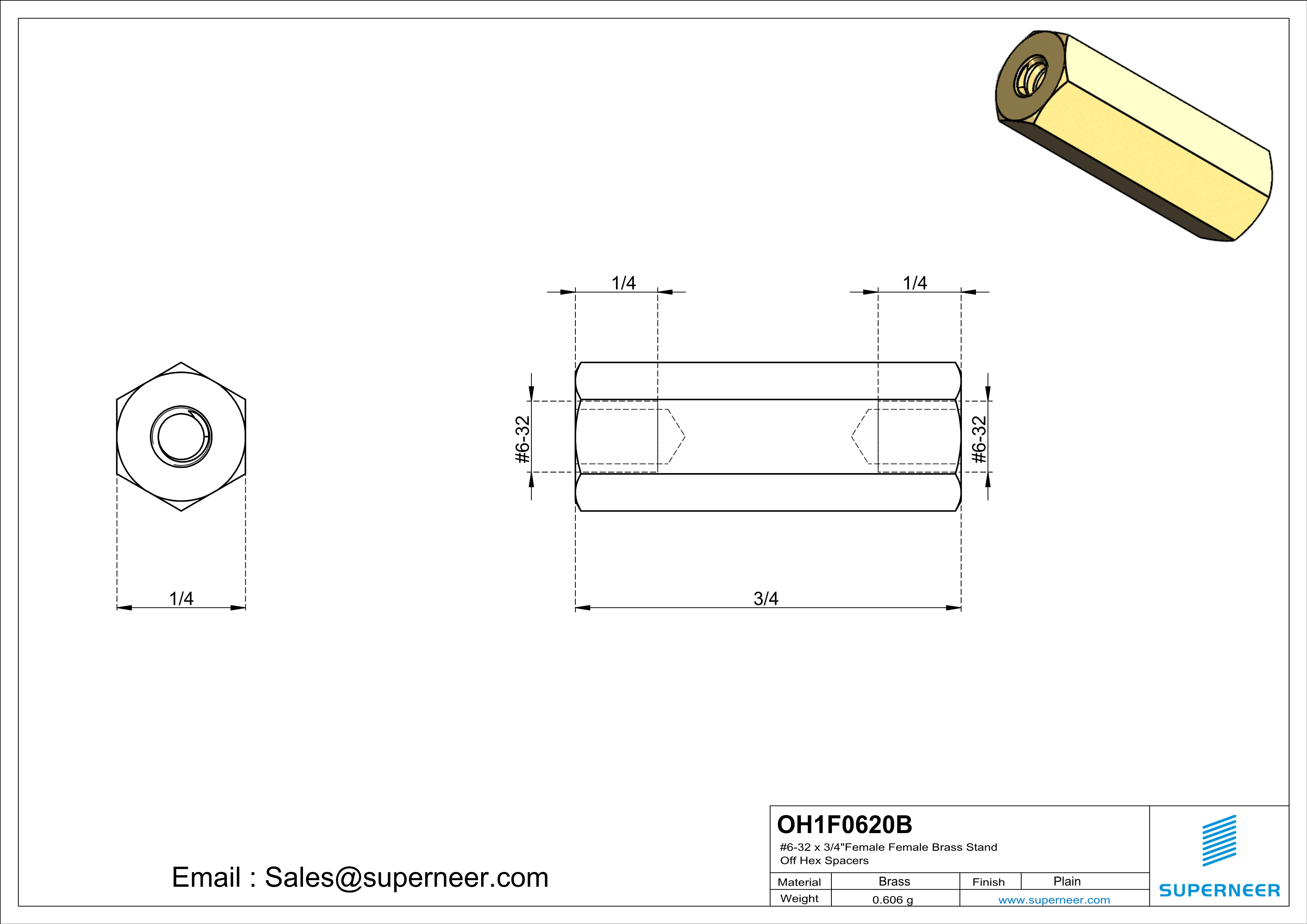 6-32 x 3/4" Female Female Brass Stand Off Hex Spacers 