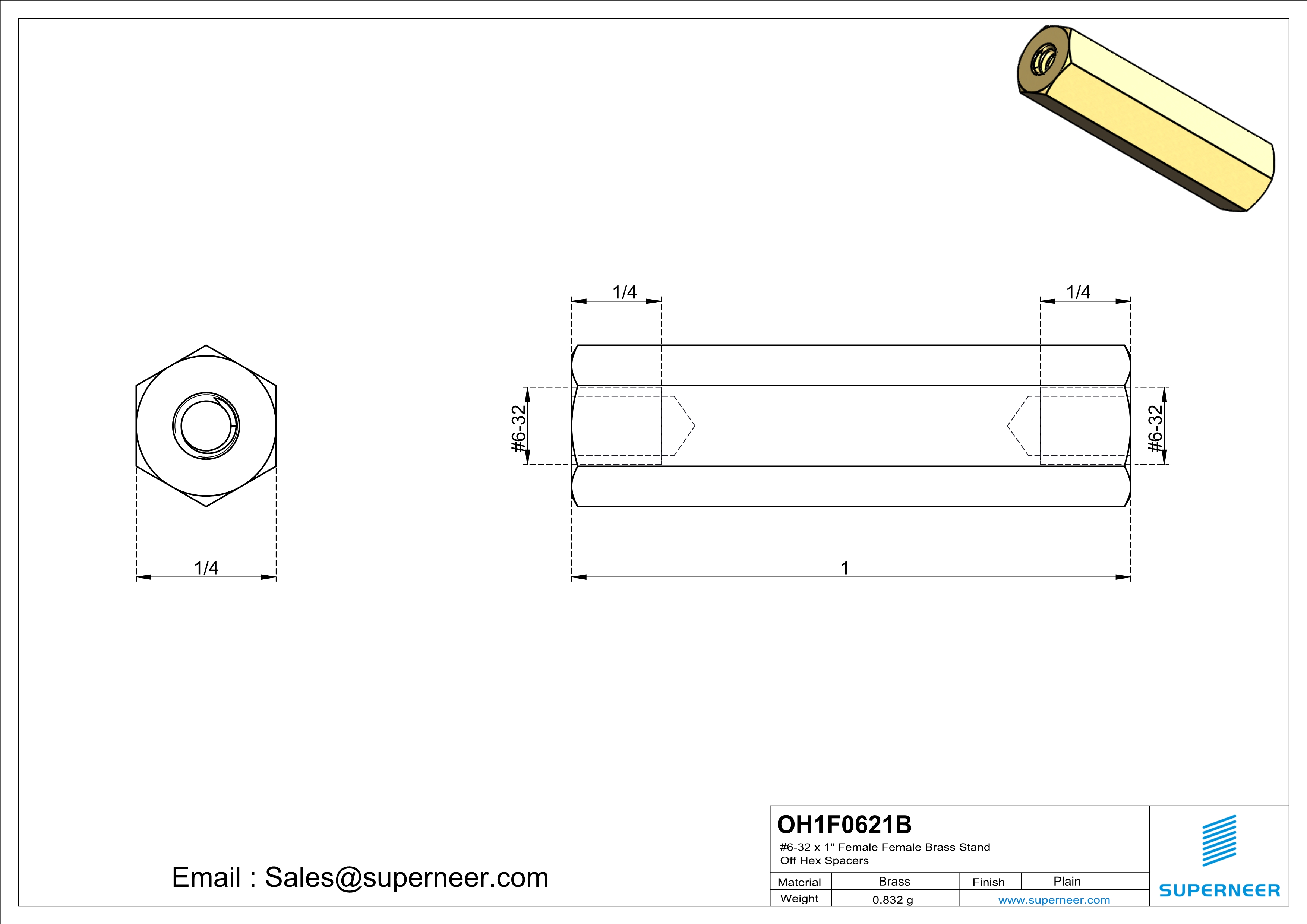 6-32 x 1" Female Female Brass Stand Off Hex Spacers 