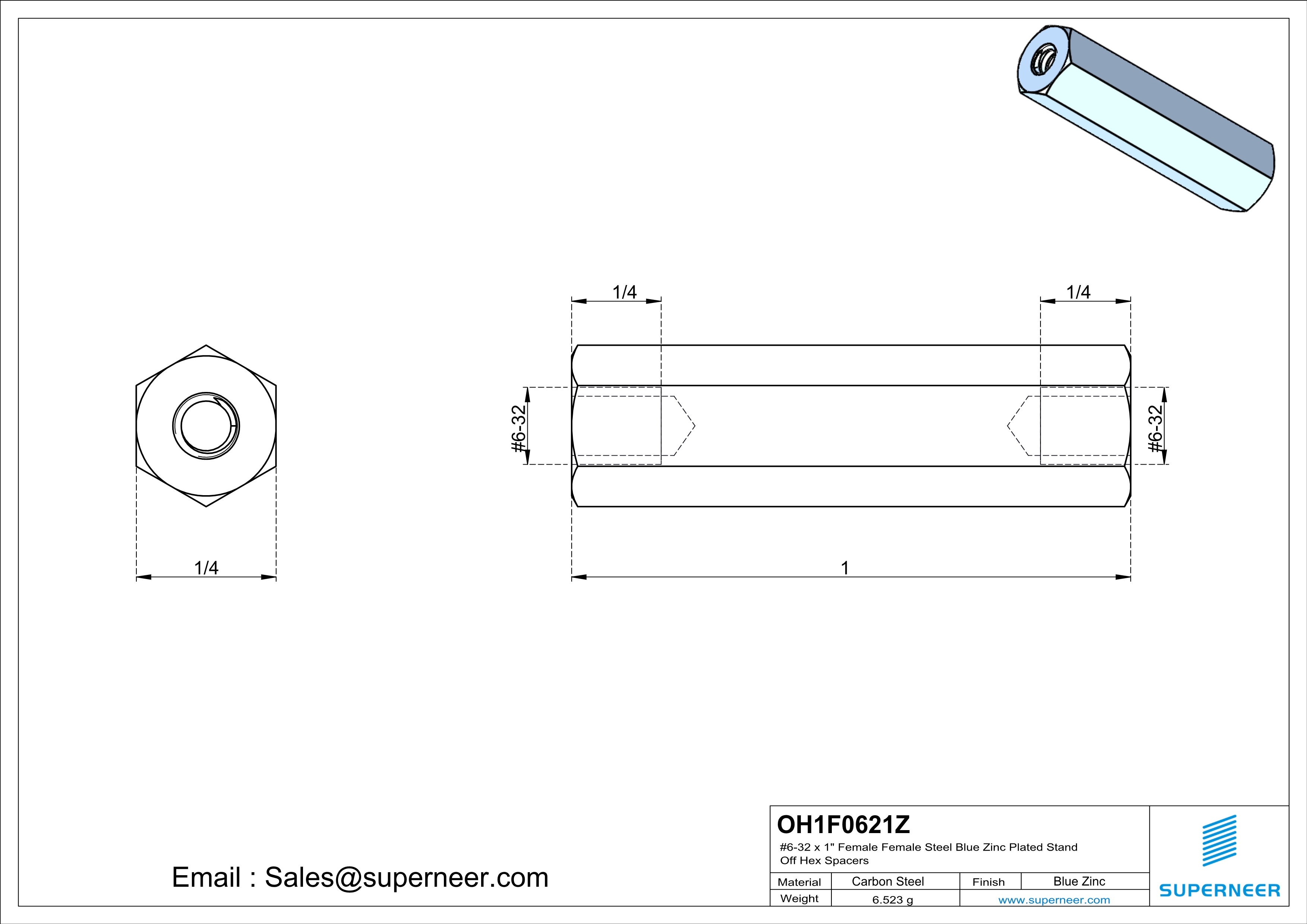 6-32 x 1" Female Female Steel Blue Zinc Plated Stand Off Hex Spacers 