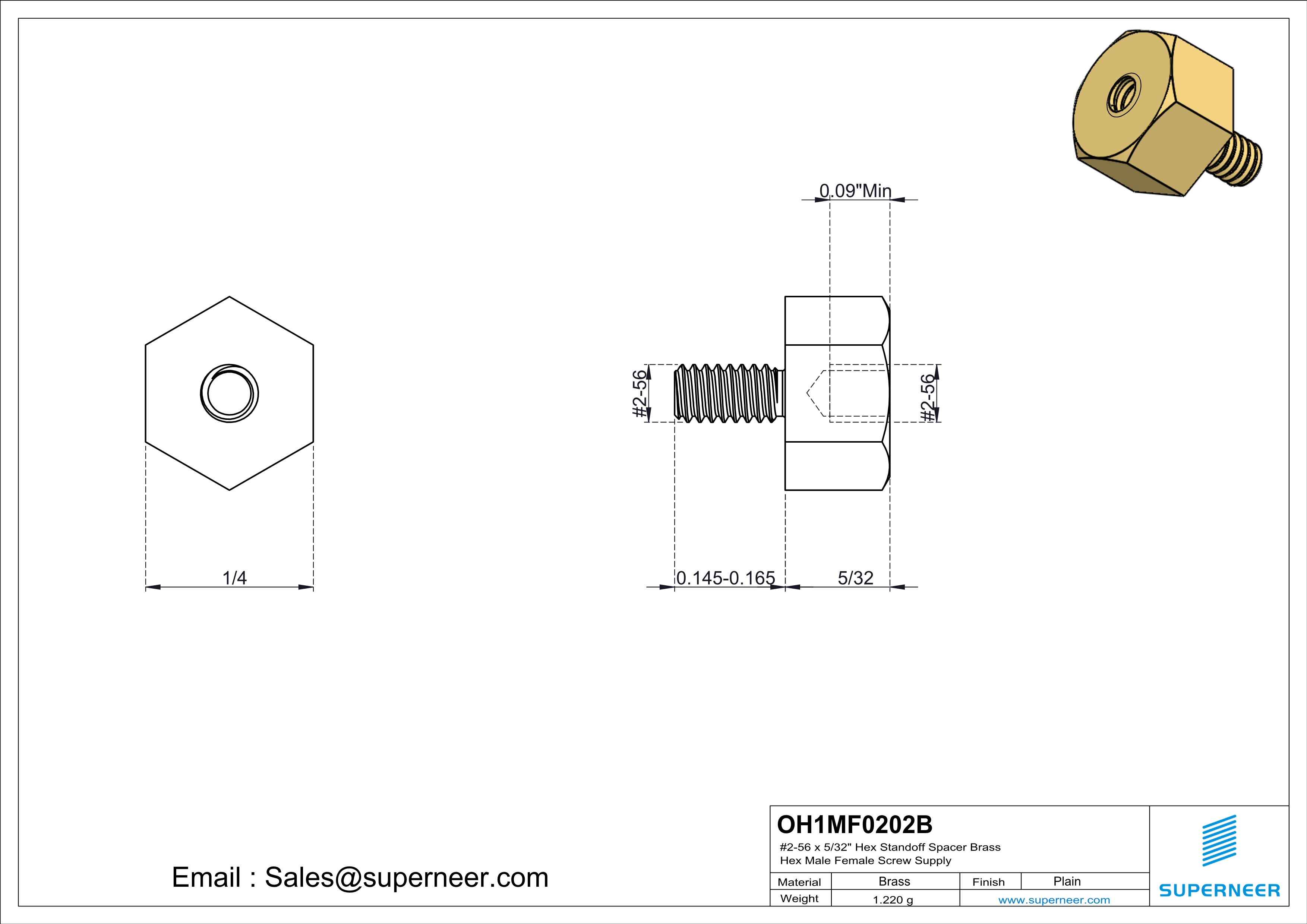 2-56 x 5/32" Hex Standoff Spacer Brass Hex Male Female Screw Supply