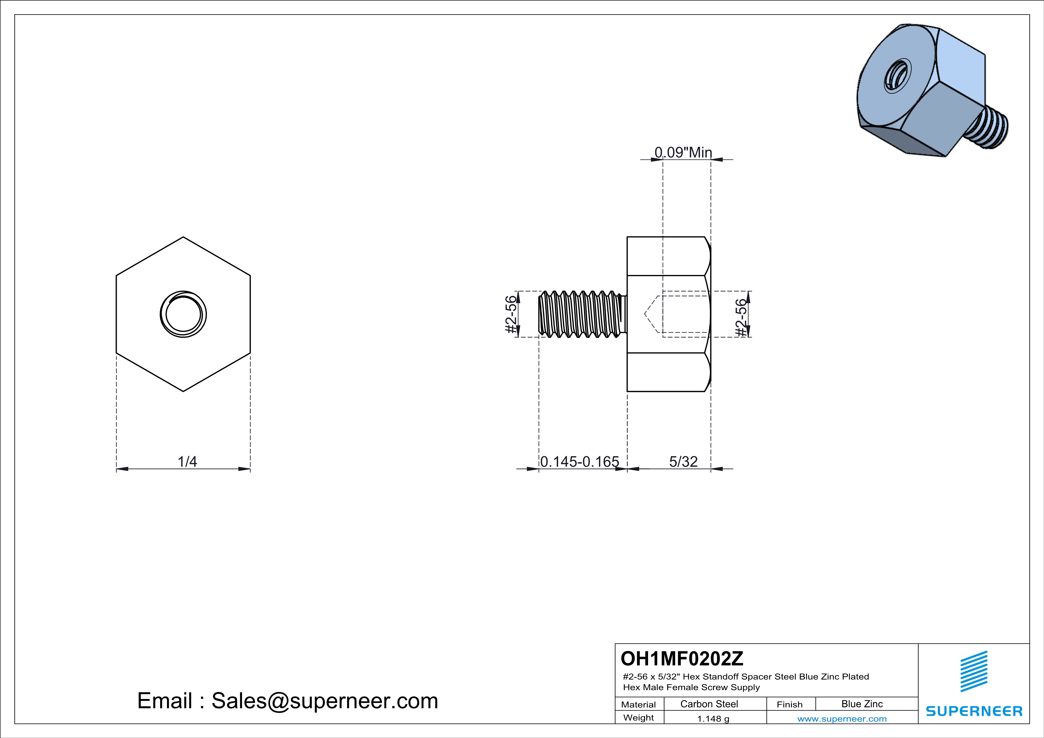 2-56 x 5/32" Hex Standoff Spacer Steel Blue Zinc Plated Hex Male Female Screw Supply