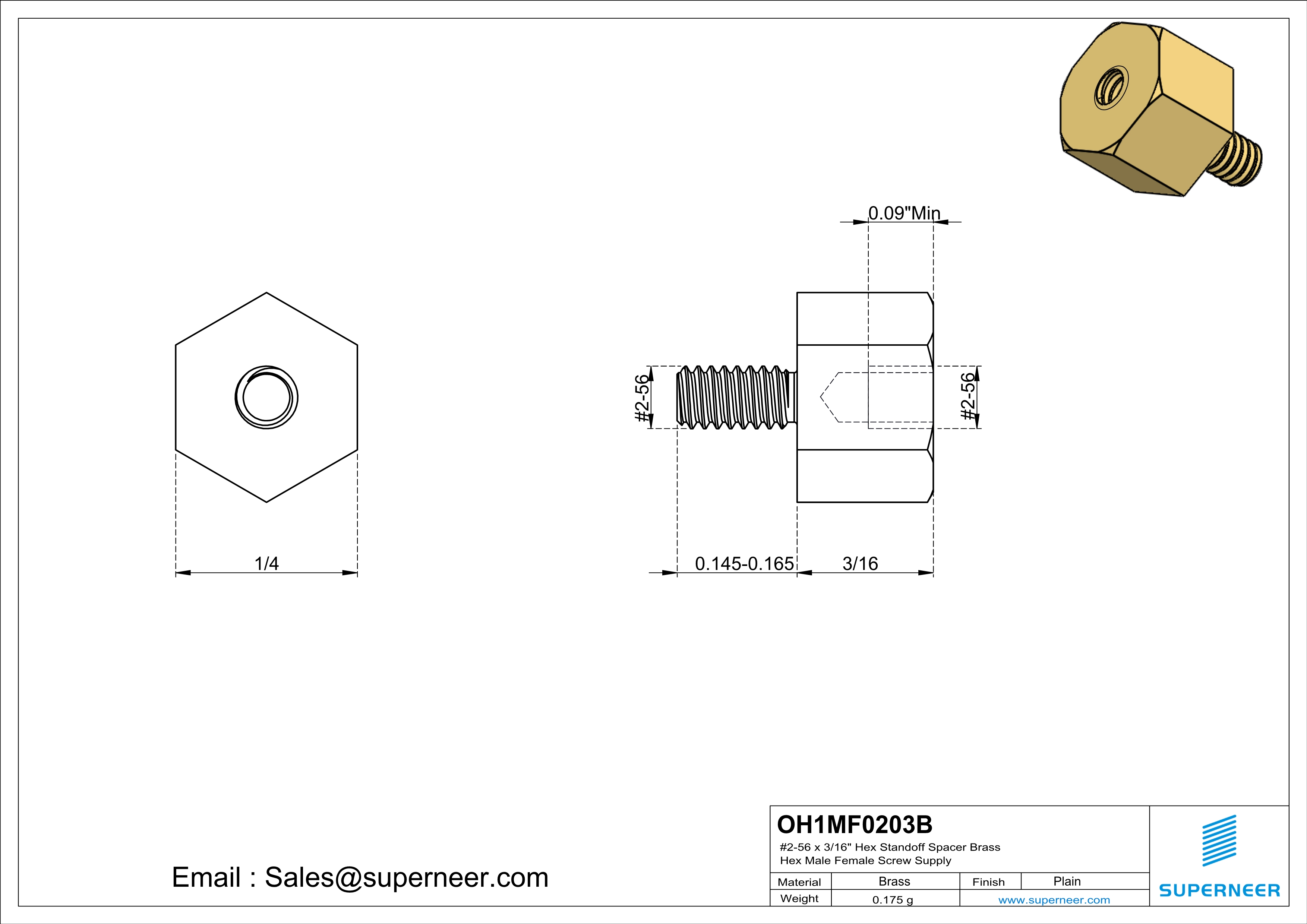 2-56 x 3/16"" Hex Standoff Spacer Brass Hex Male Female Screw Supply