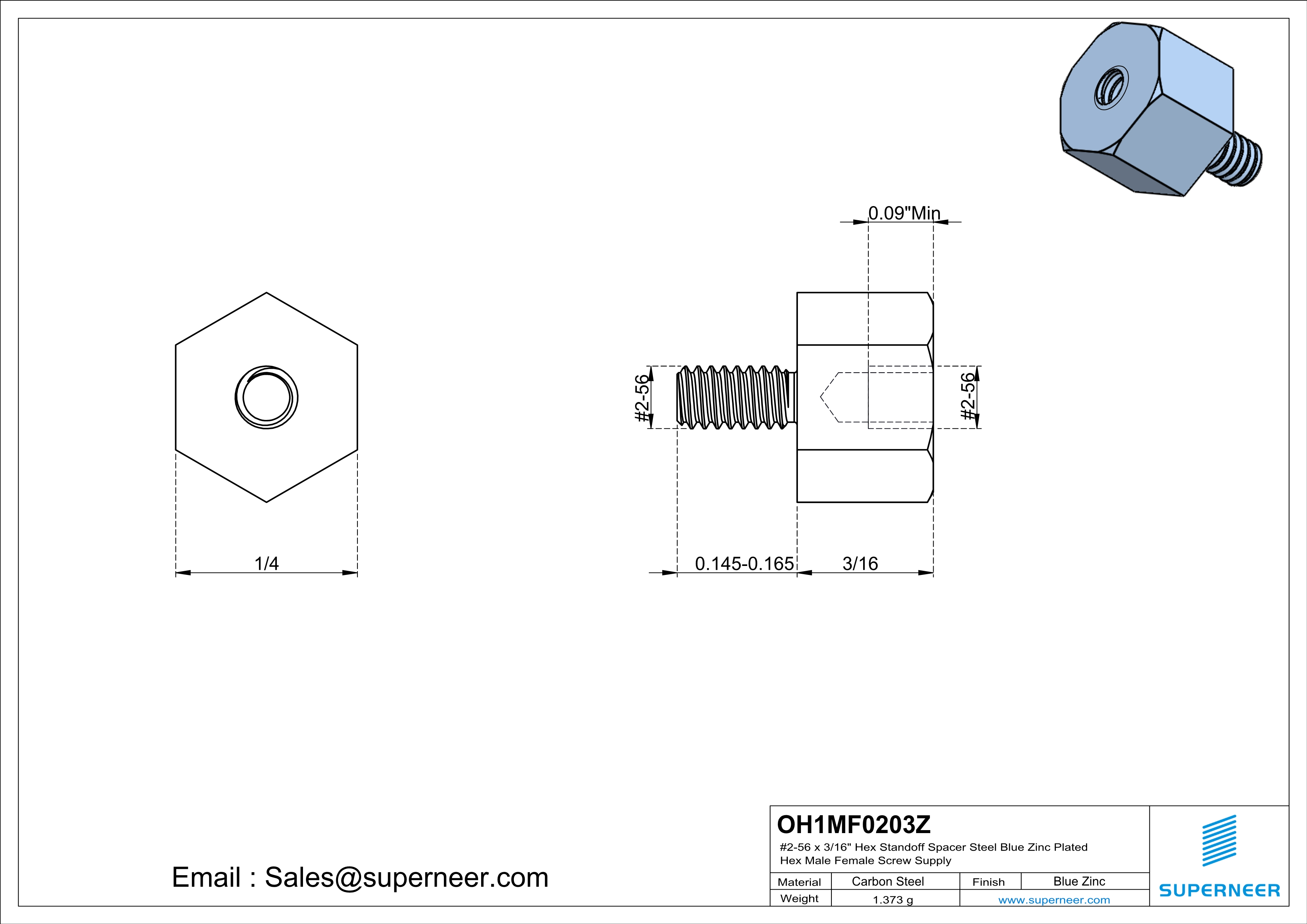 2-56 x 3/16"" Hex Standoff Spacer Steel Blue Zinc Plated Hex Male Female Screw Supply