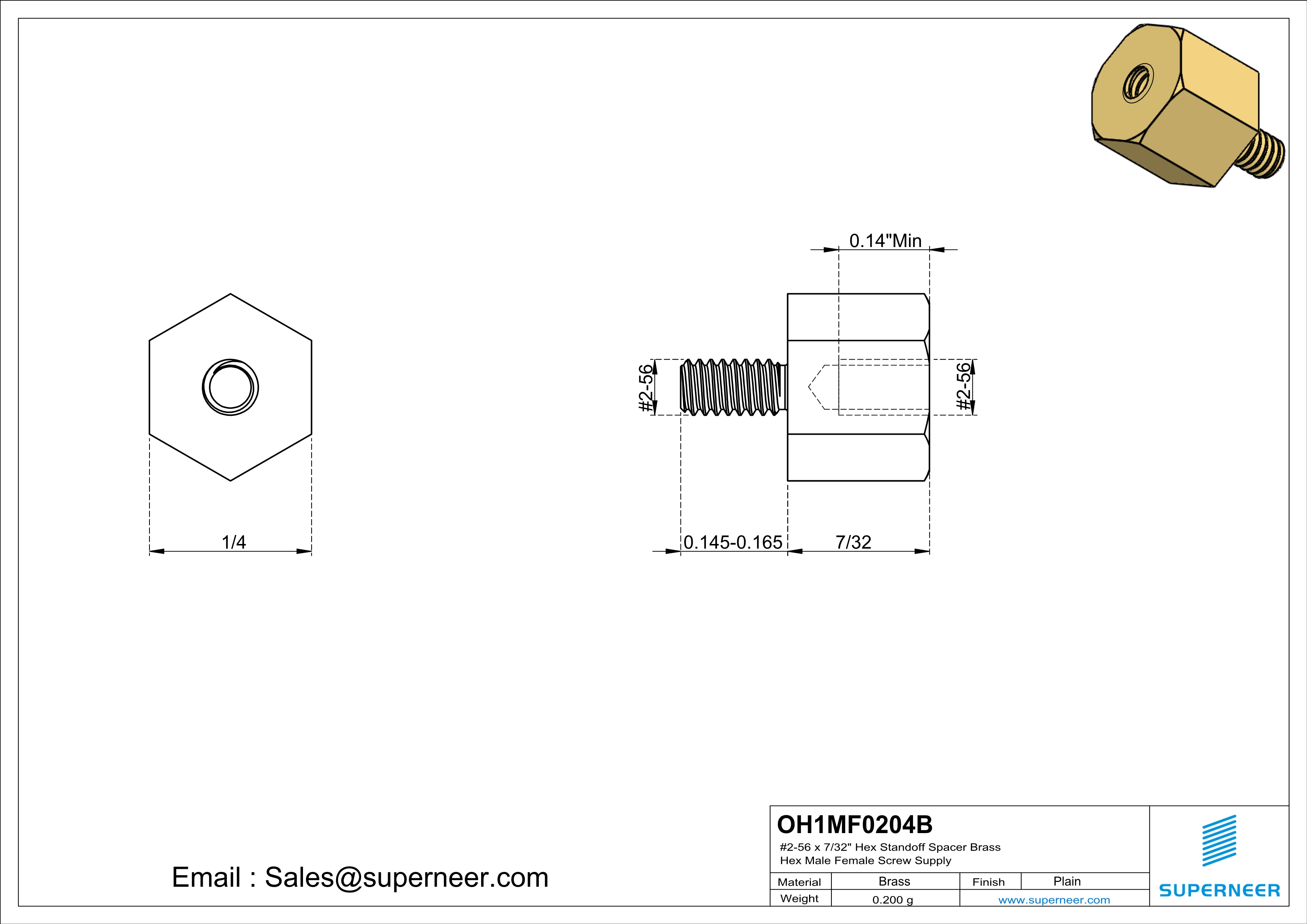 2-56 x 7/32" Hex Standoff Spacer Brass Hex Male Female Screw Supply