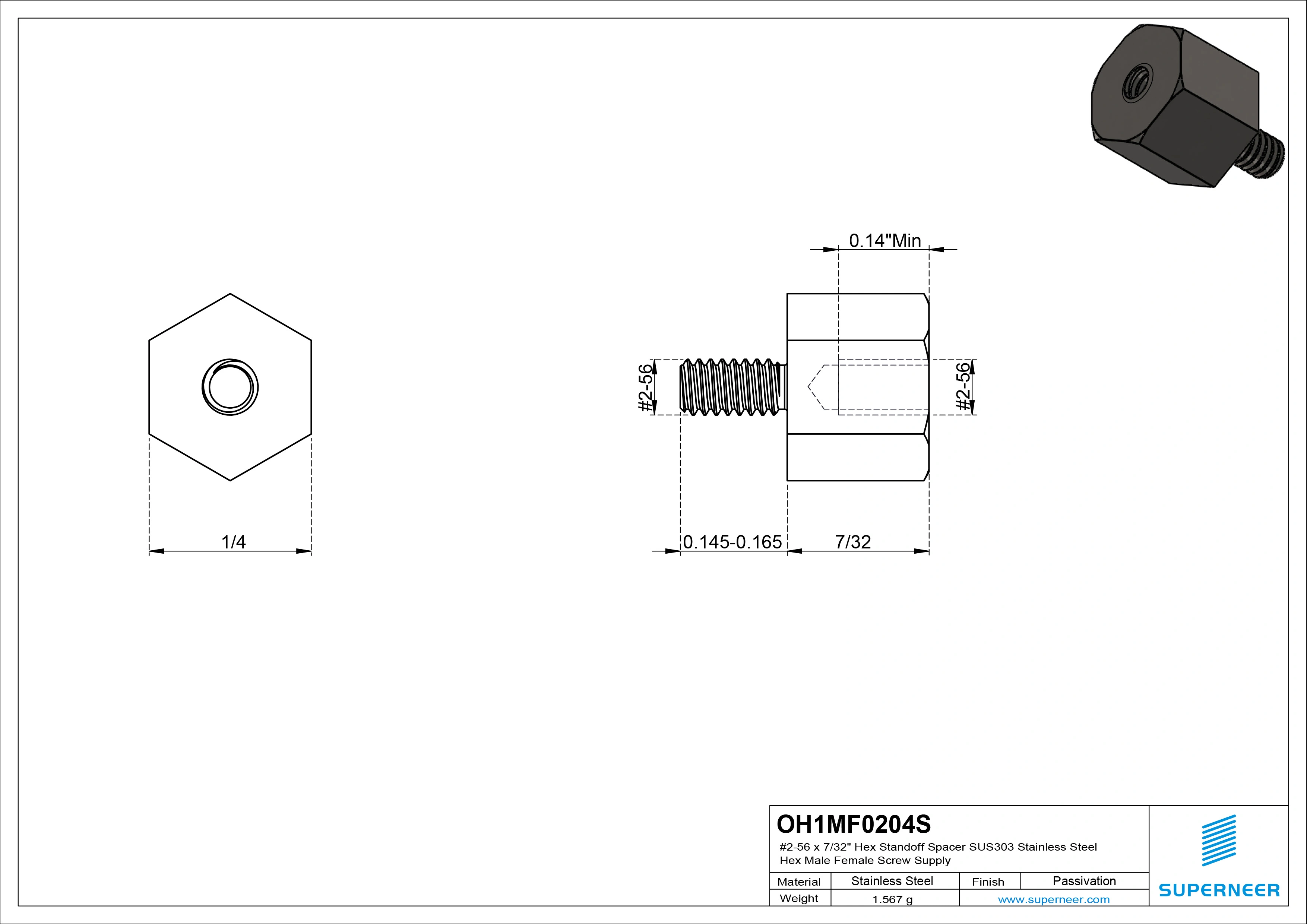 2-56 x 7/32" Hex Standoff Spacer SUS303 Stainless Steel Inox Hex Male Female Screw Supply