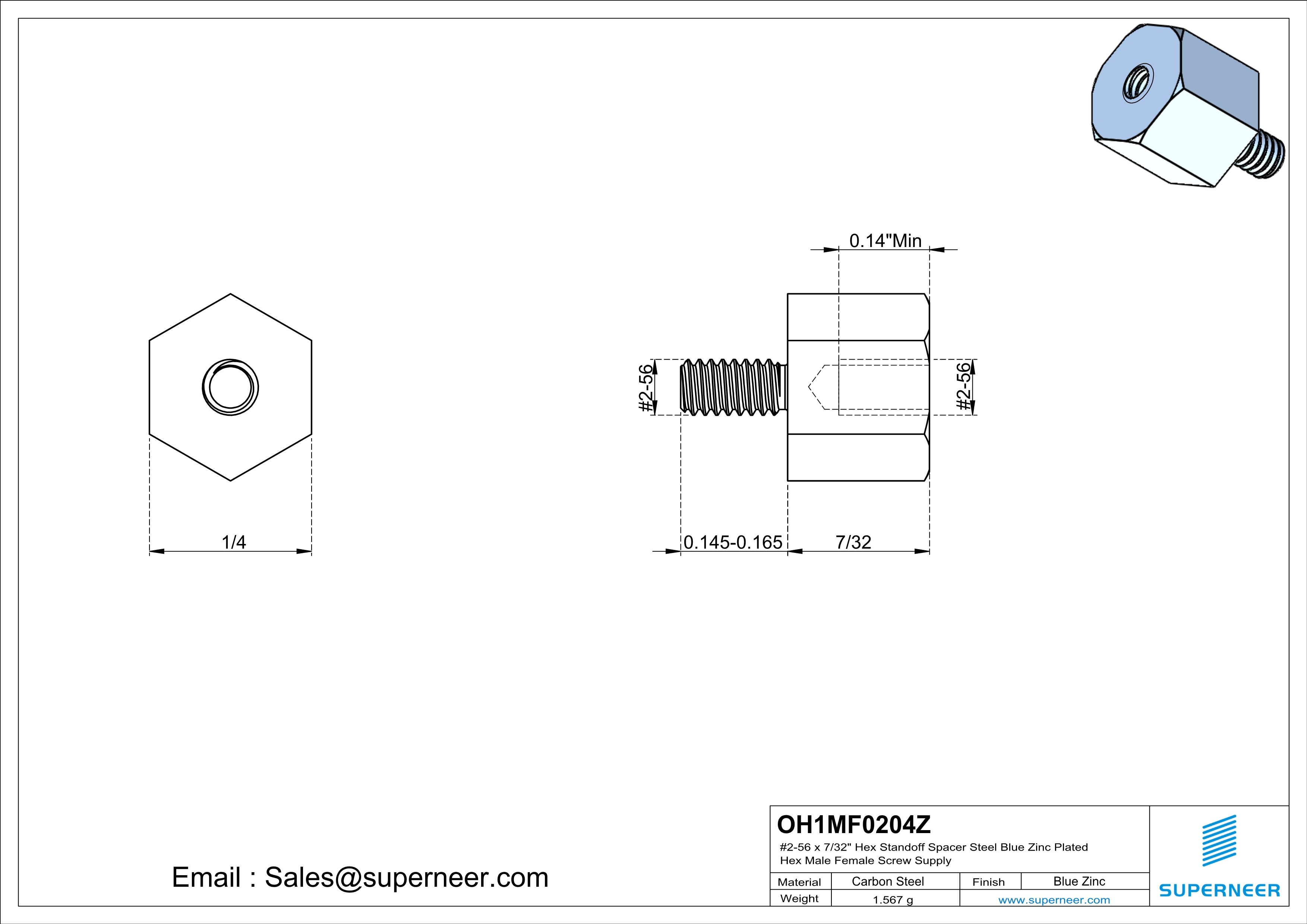 2-56 x 7/32" Hex Standoff Spacer Steel Blue Zinc Plated Hex Male Female Screw Supply