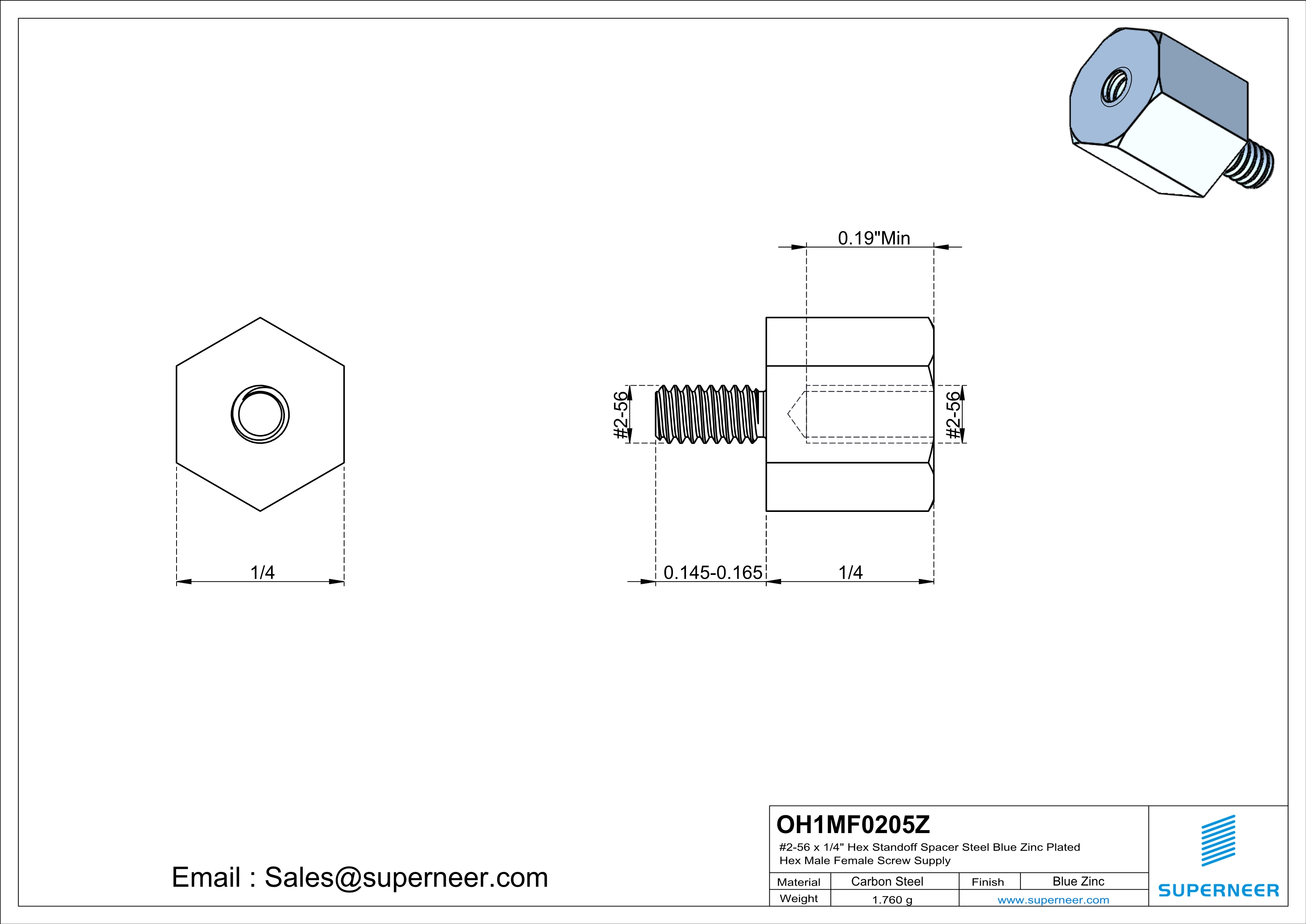 2-56 x 1/4" Hex Standoff Spacer Steel Blue Zinc Plated Hex Male Female Screw Supply