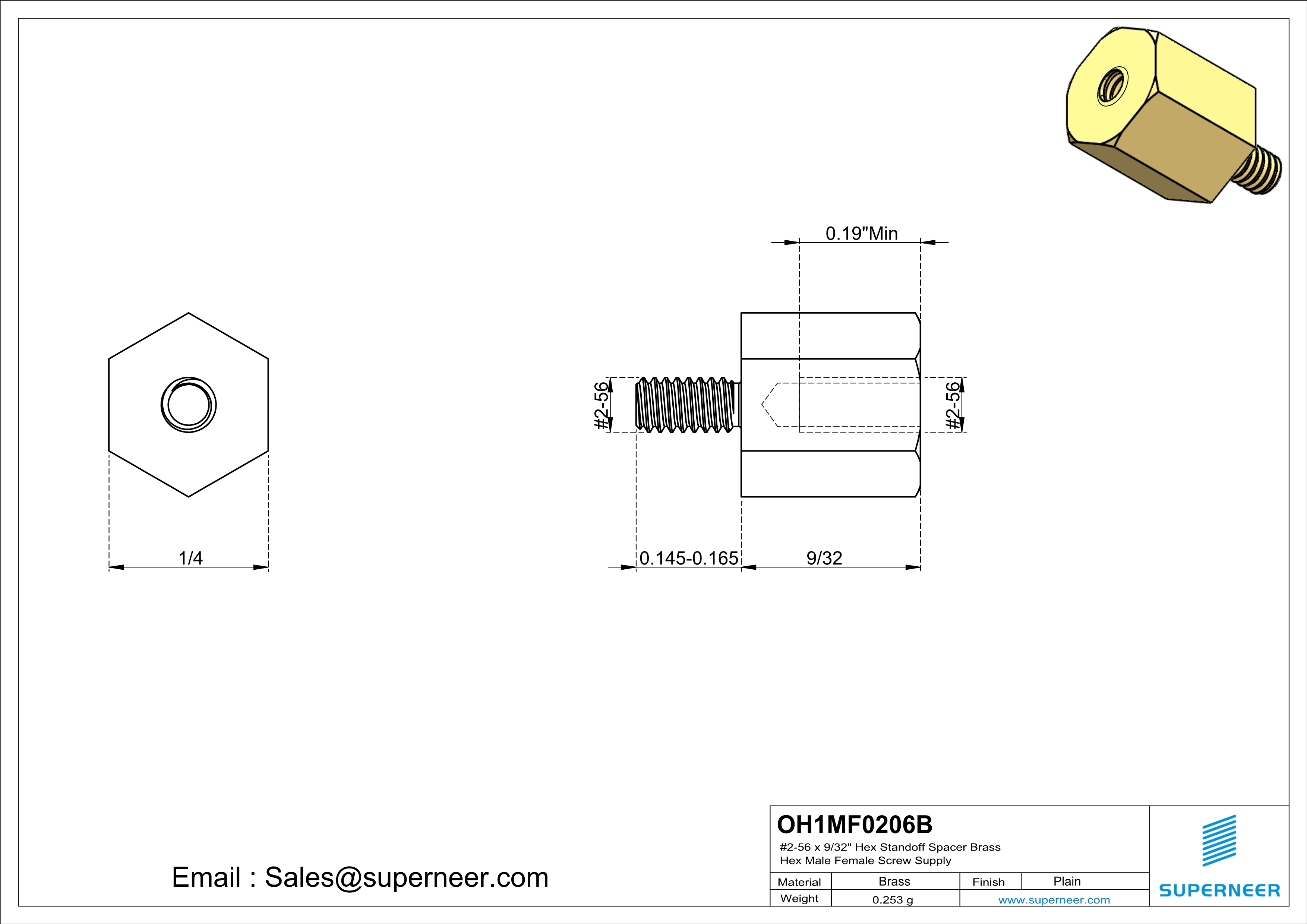 2-56 x 9/32" Hex Standoff Spacer Brass Hex Male Female Screw Supply