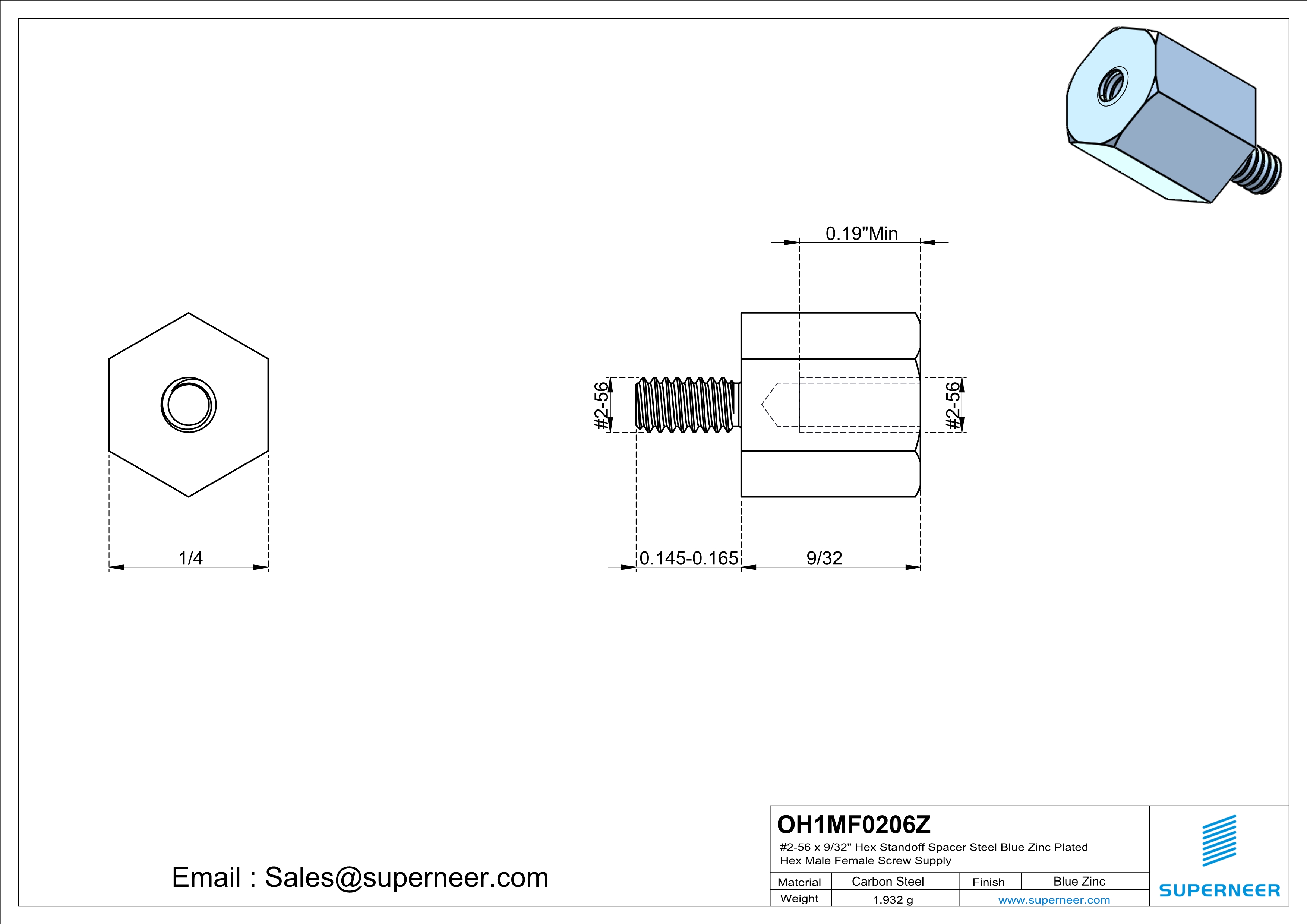 2-56 x 9/32" Hex Standoff Spacer Steel Blue Zinc Plated Hex Male Female Screw Supply