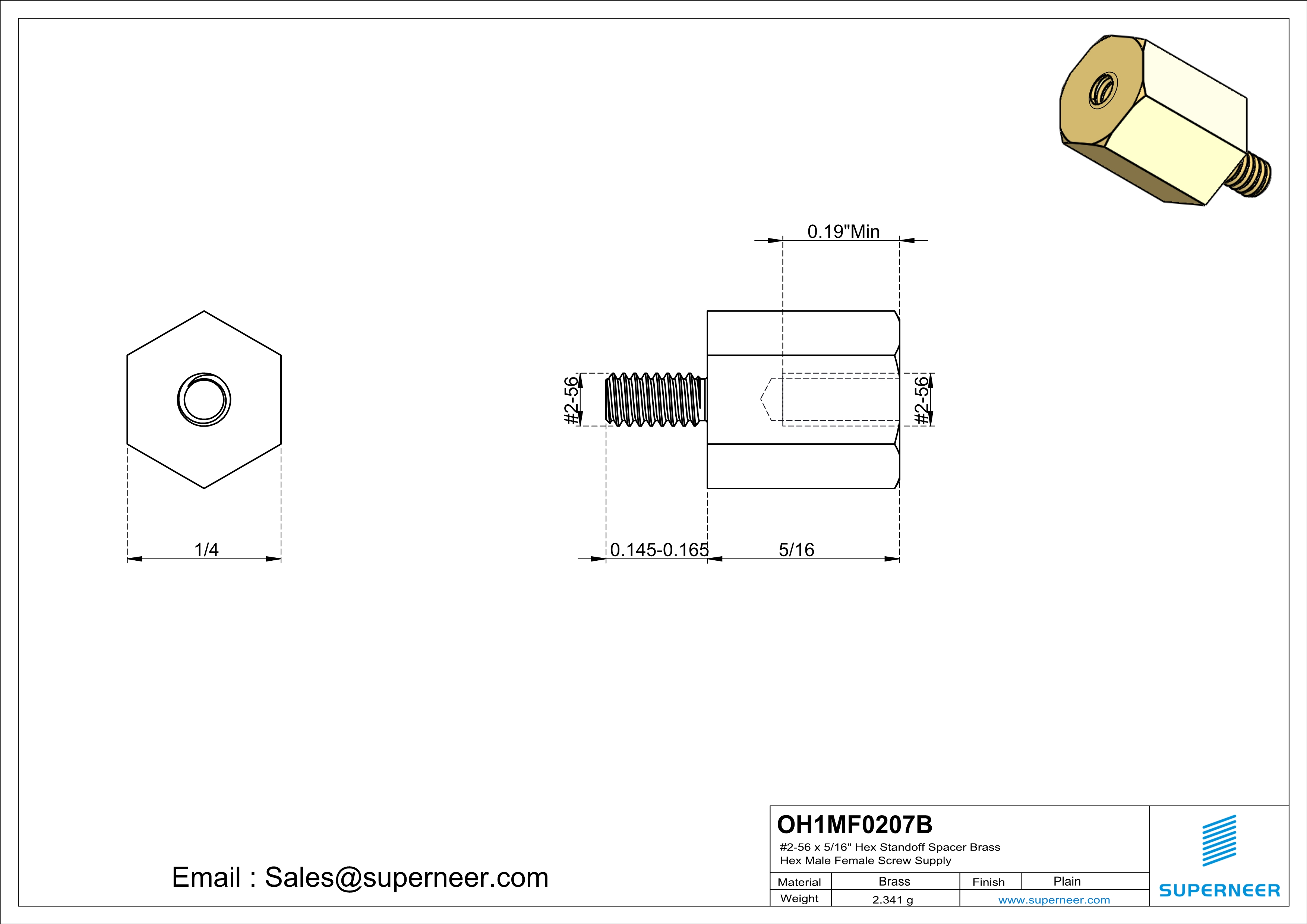 2-56 x 5/16" Hex Standoff Spacer Brass Hex Male Female Screw Supply