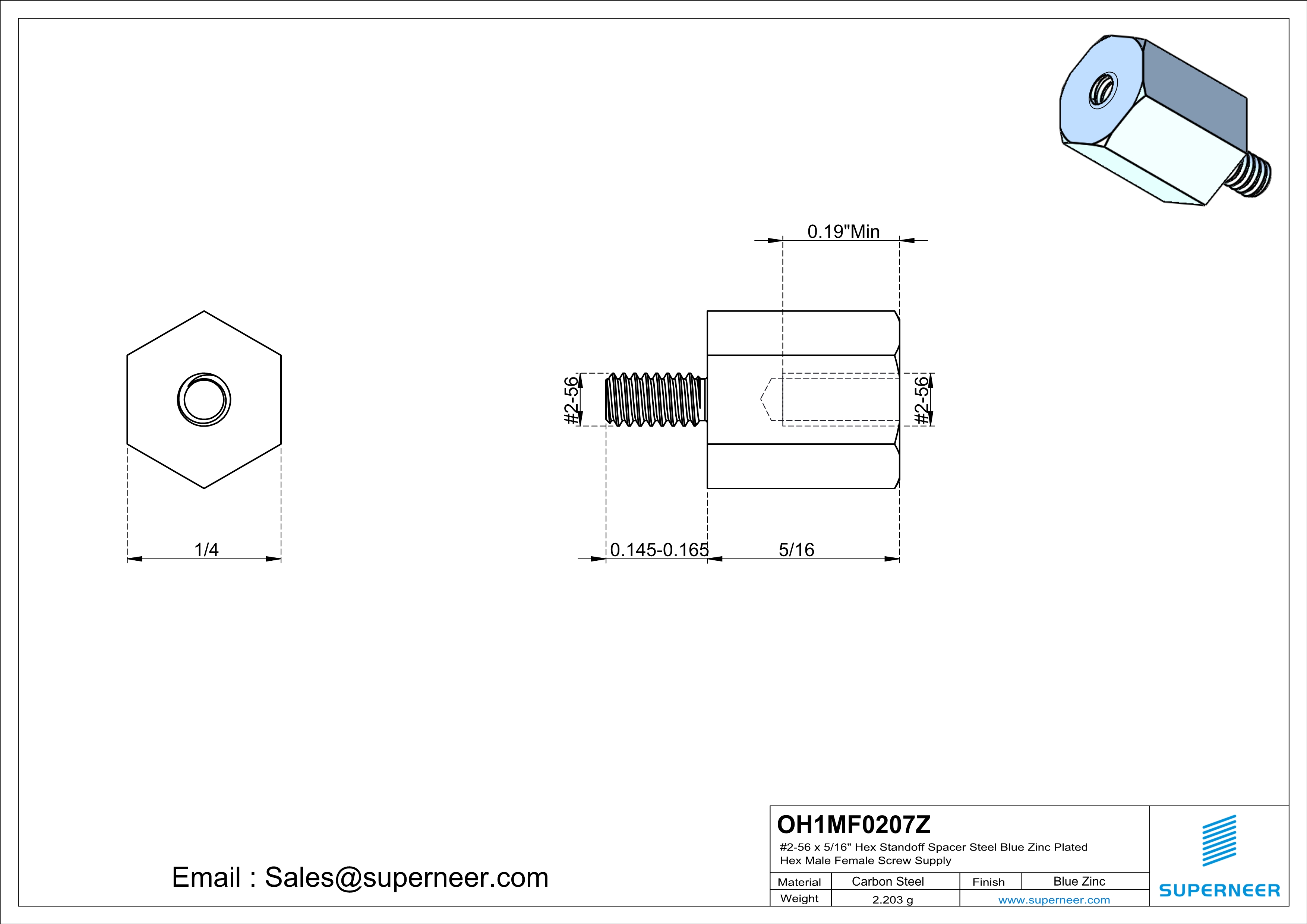 2-56 x 5/16" Hex Standoff Spacer Steel Blue Zinc Plated Hex Male Female Screw Supply