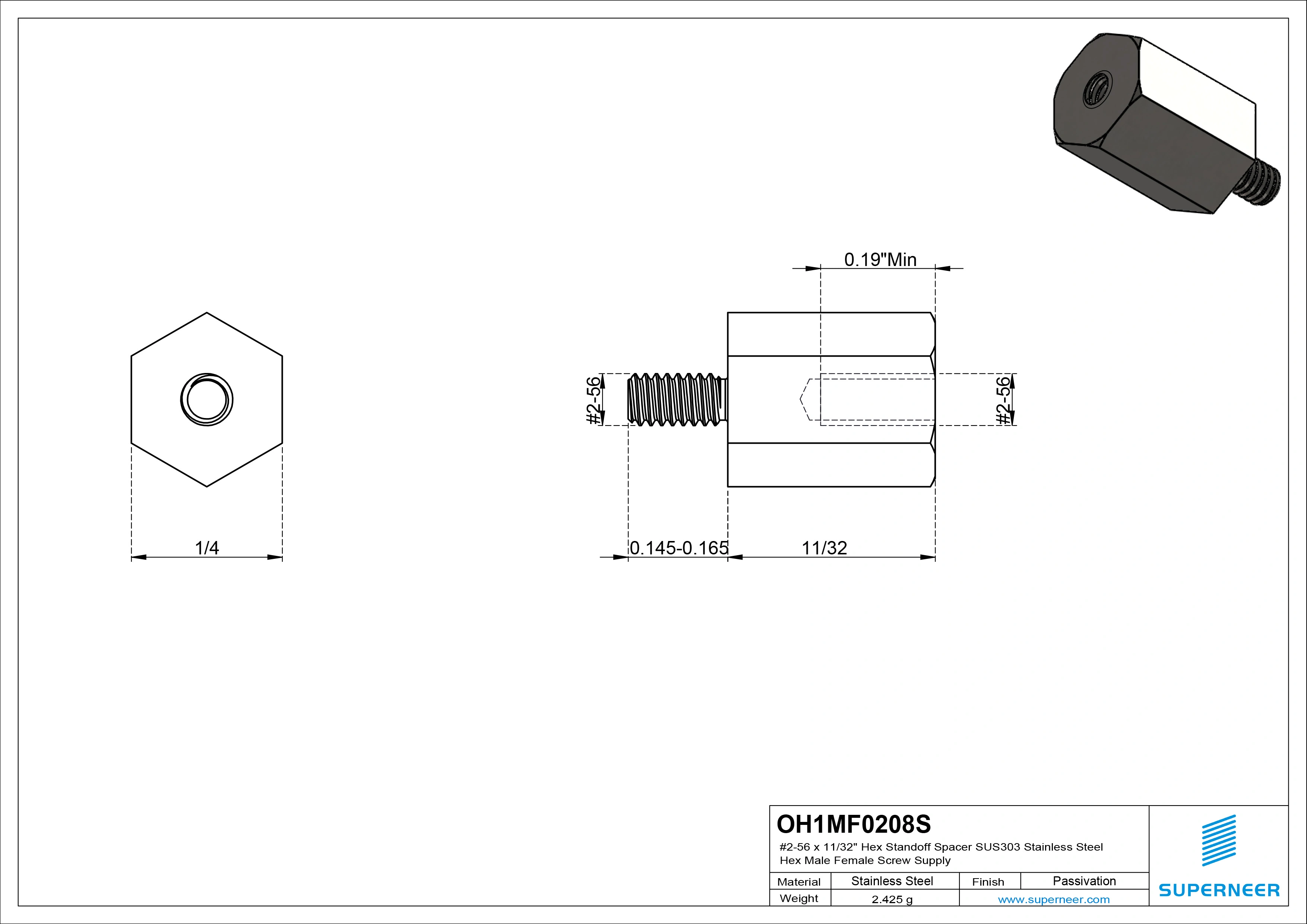 2-56 x 11/32" Hex Standoff Spacer SUS303 Stainless Steel Inox Hex Male Female Screw Supply