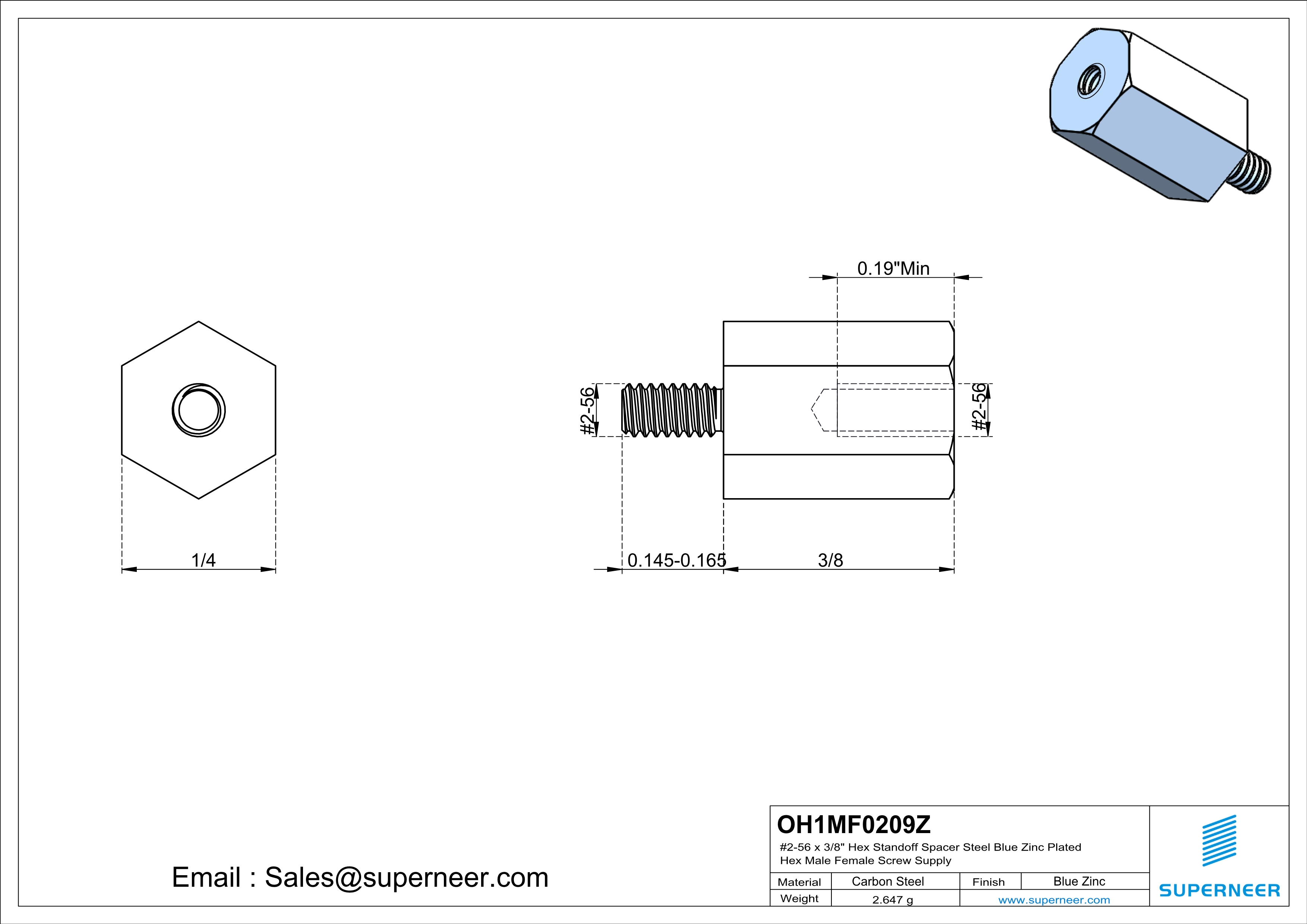 2-56 x 3/8" Hex Standoff Spacer Steel Blue Zinc Plated Hex Male Female Screw Supply