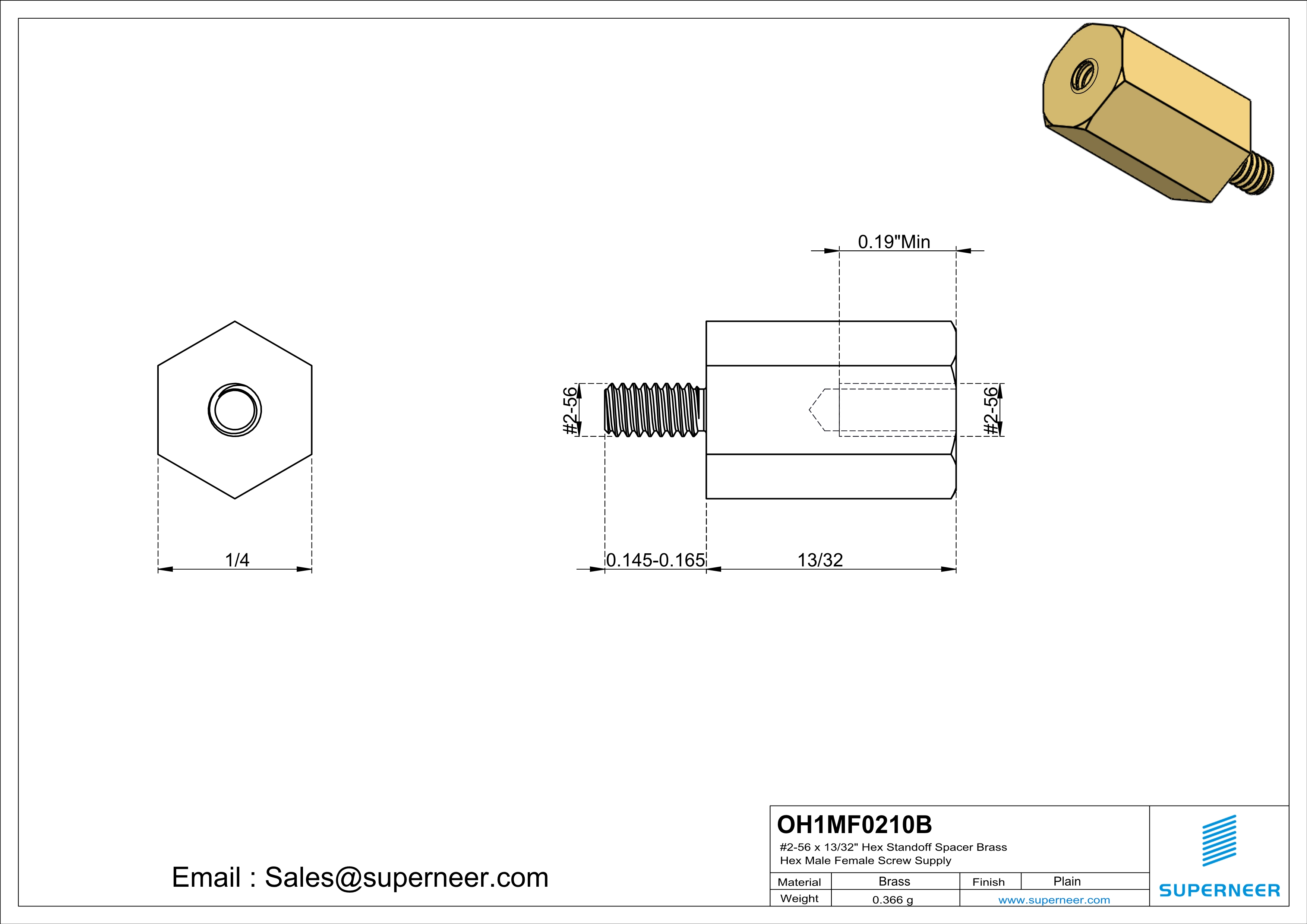 2-56 x 13/32" Hex Standoff Spacer Brass Hex Male Female Screw Supply