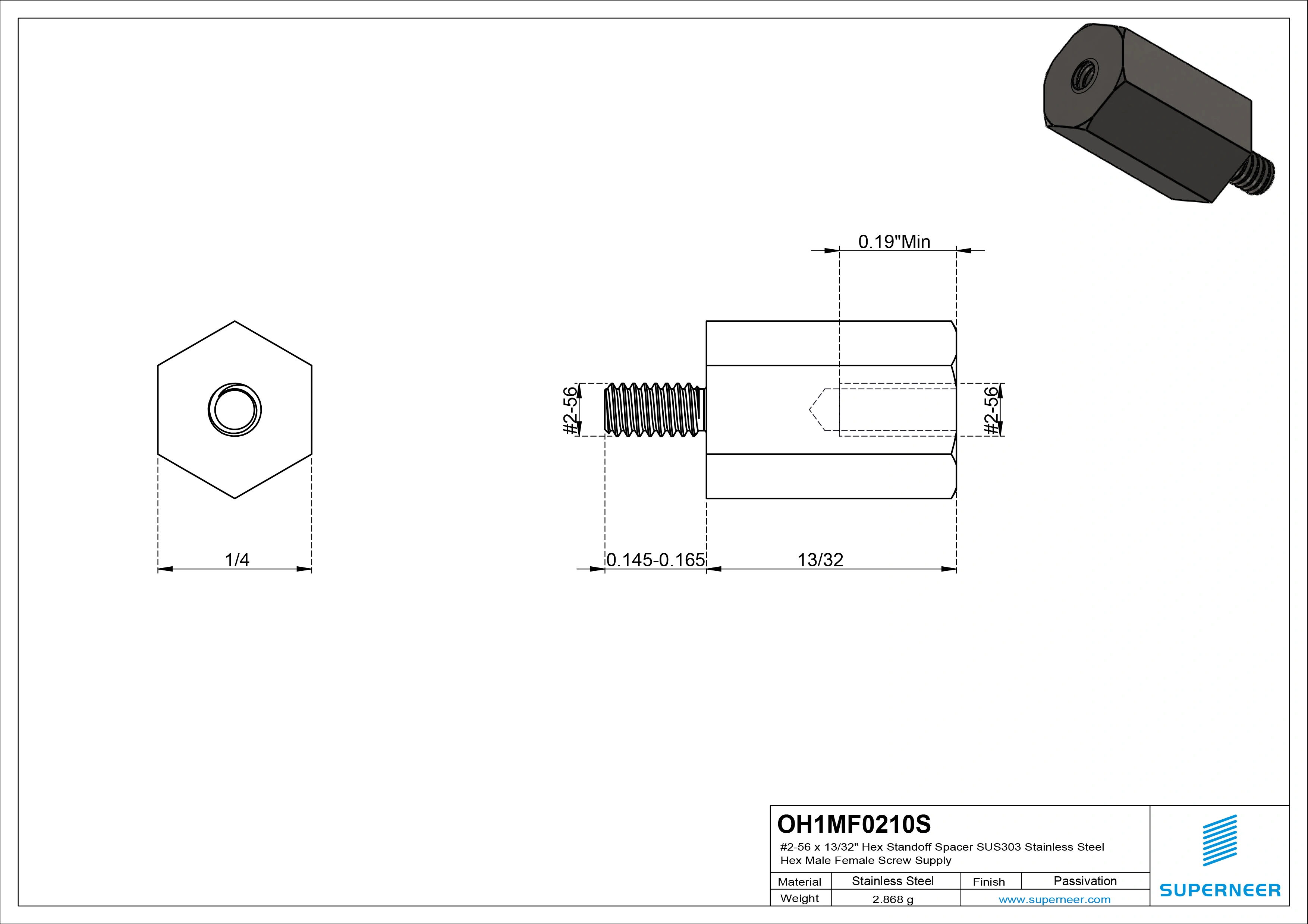 2-56 x 13/32" Hex Standoff Spacer SUS303 Stainless Steel Inox Hex Male Female Screw Supply