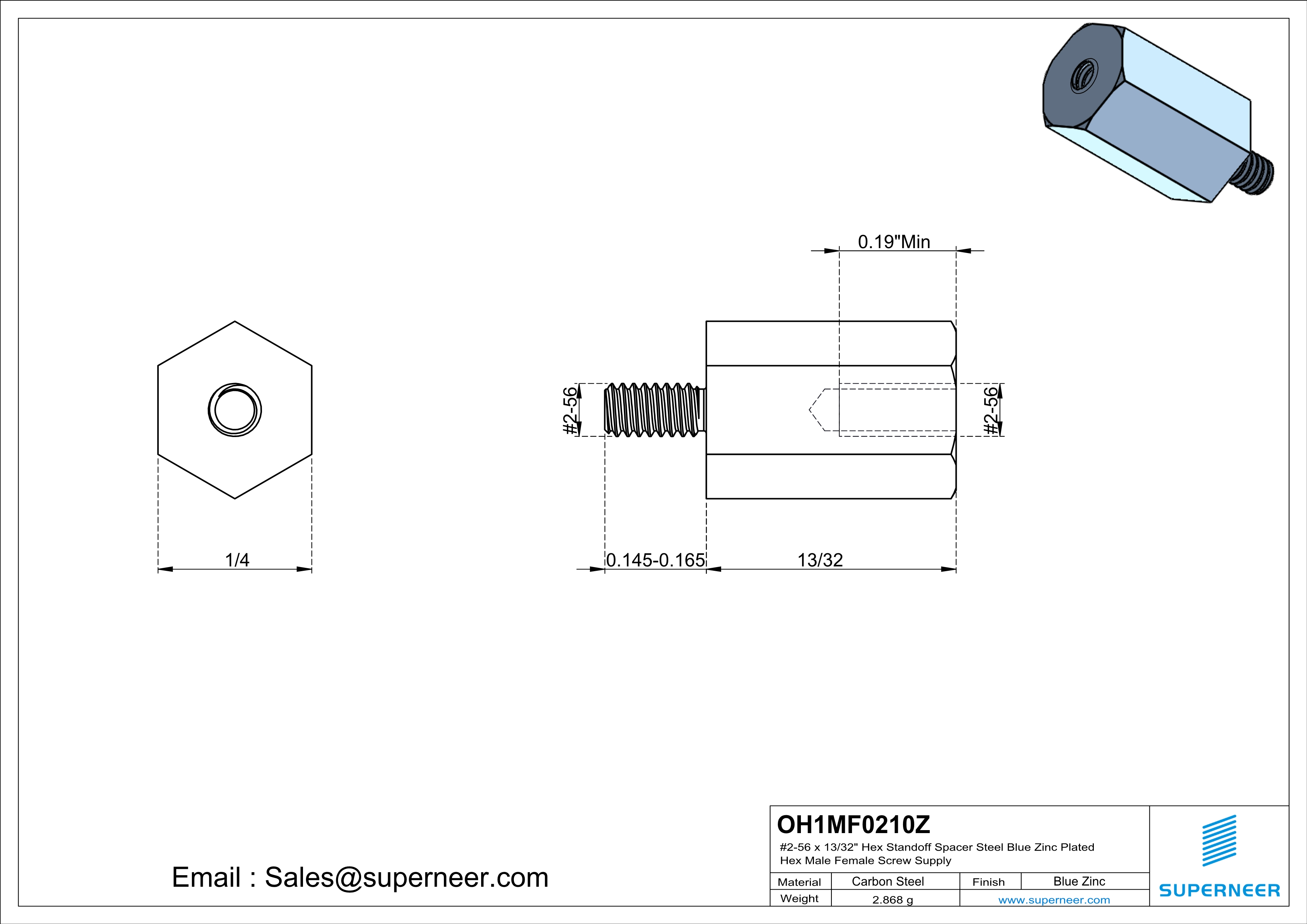 2-56 x 13/32" Hex Standoff Spacer Steel Blue Zinc Plated Hex Male Female Screw Supply