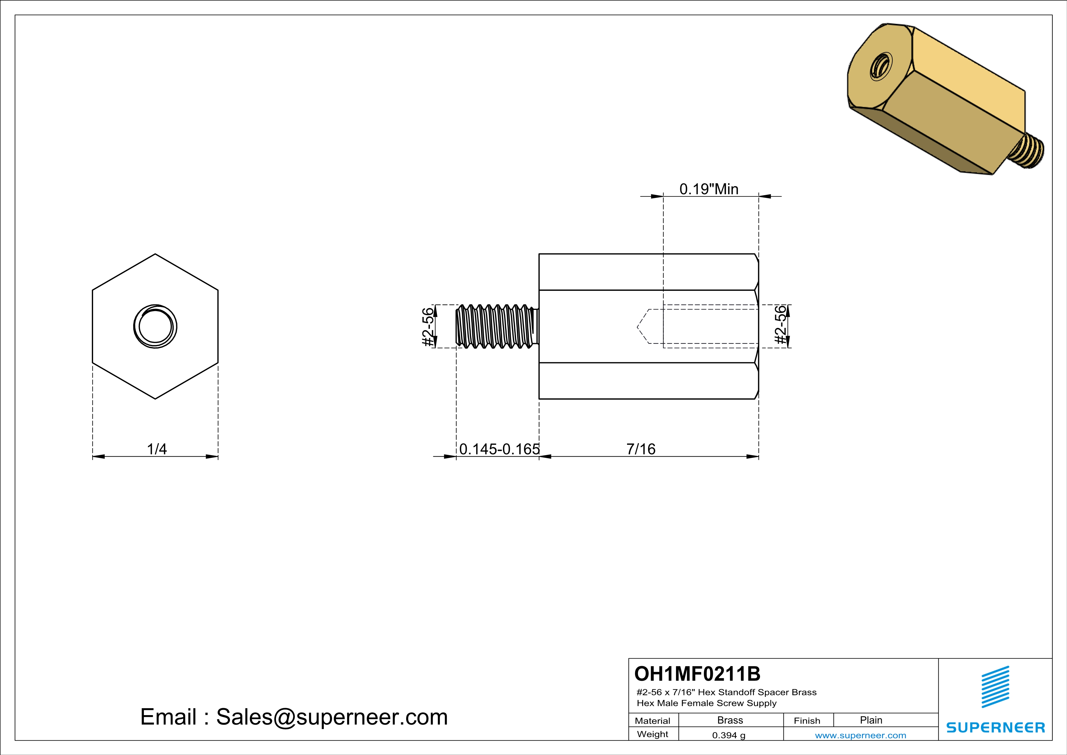 2-56 x 7/16" Hex Standoff Spacer Brass Hex Male Female Screw Supply