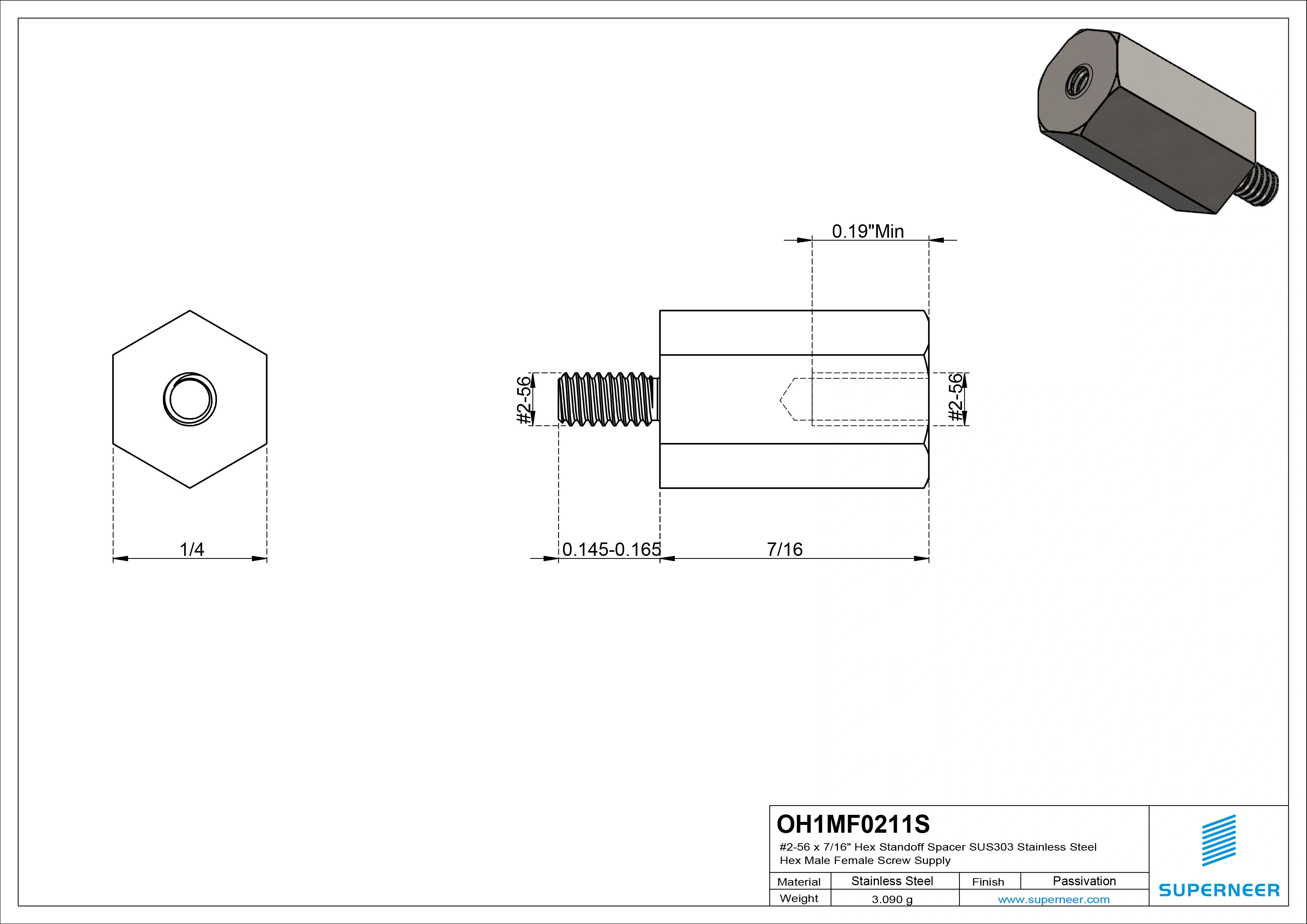 2-56 x 7/16" Hex Standoff Spacer SUS303 Stainless Steel Inox Hex Male Female Screw Supply