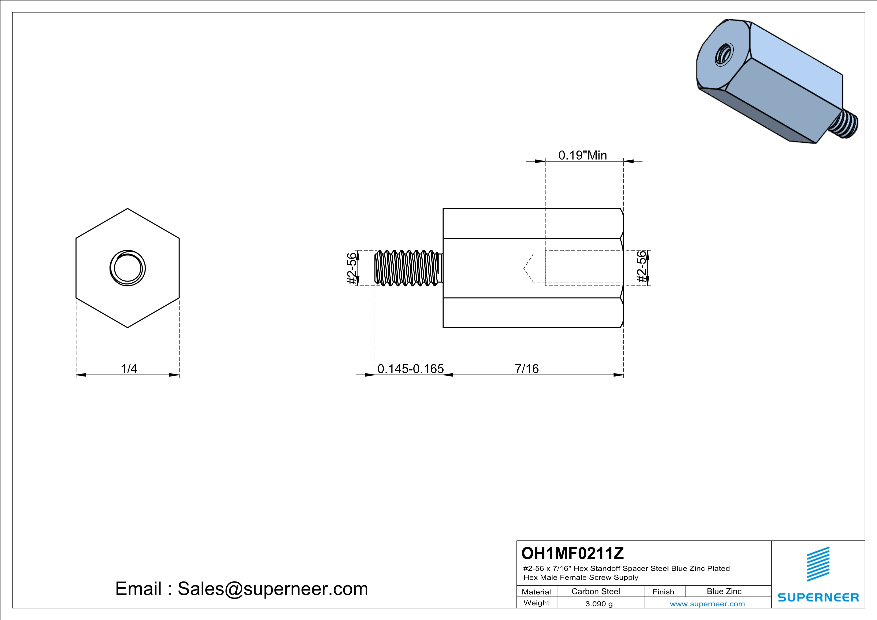 2-56 x 7/16" Hex Standoff Spacer Steel Blue Zinc Plated Hex Male Female Screw Supply