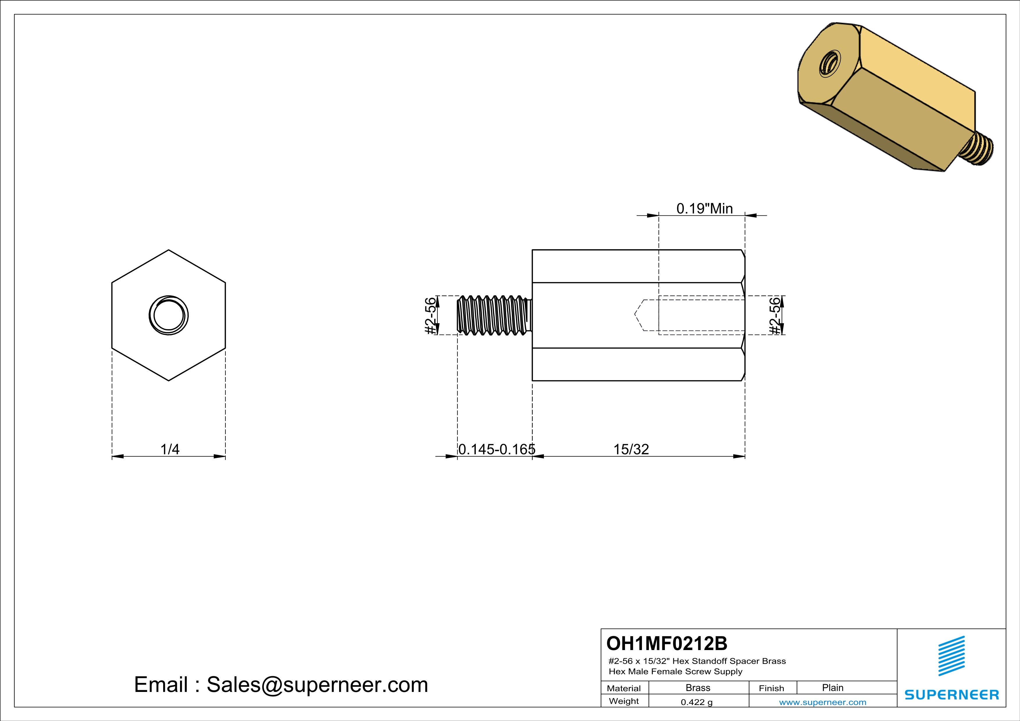 2-56 x 15/32" Hex Standoff Spacer Brass Hex Male Female Screw Supply