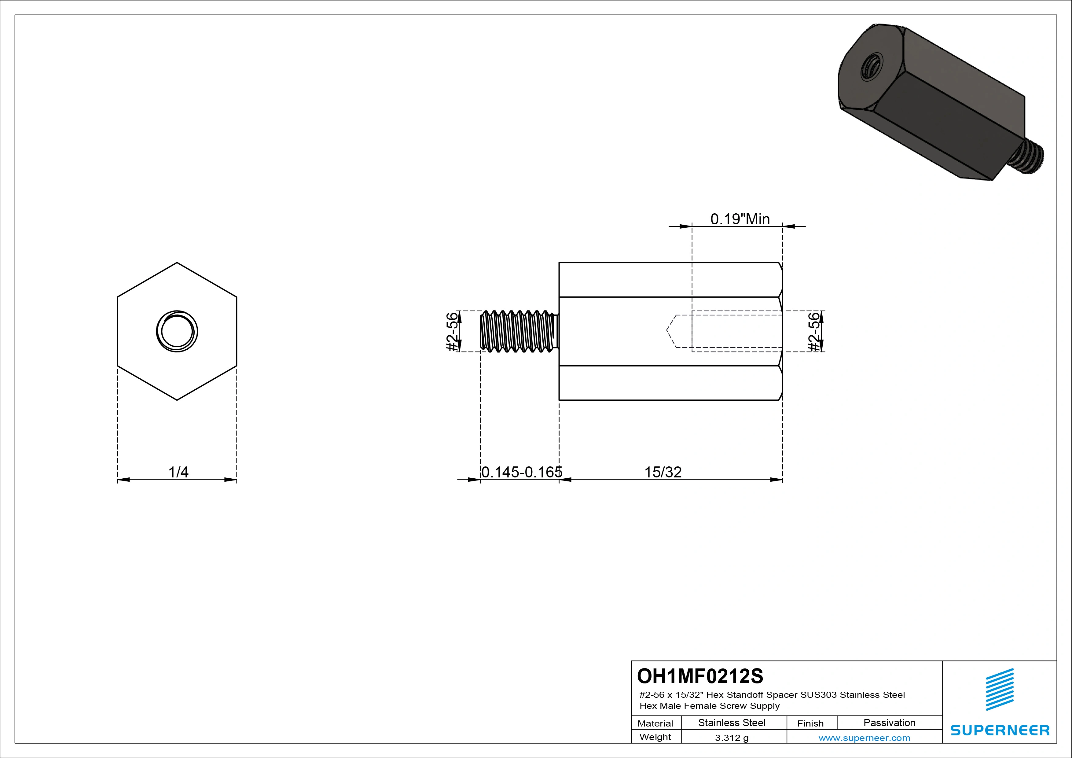 2-56 x 15/32" Hex Standoff Spacer SUS303 Stainless Steel Inox Hex Male Female Screw Supply