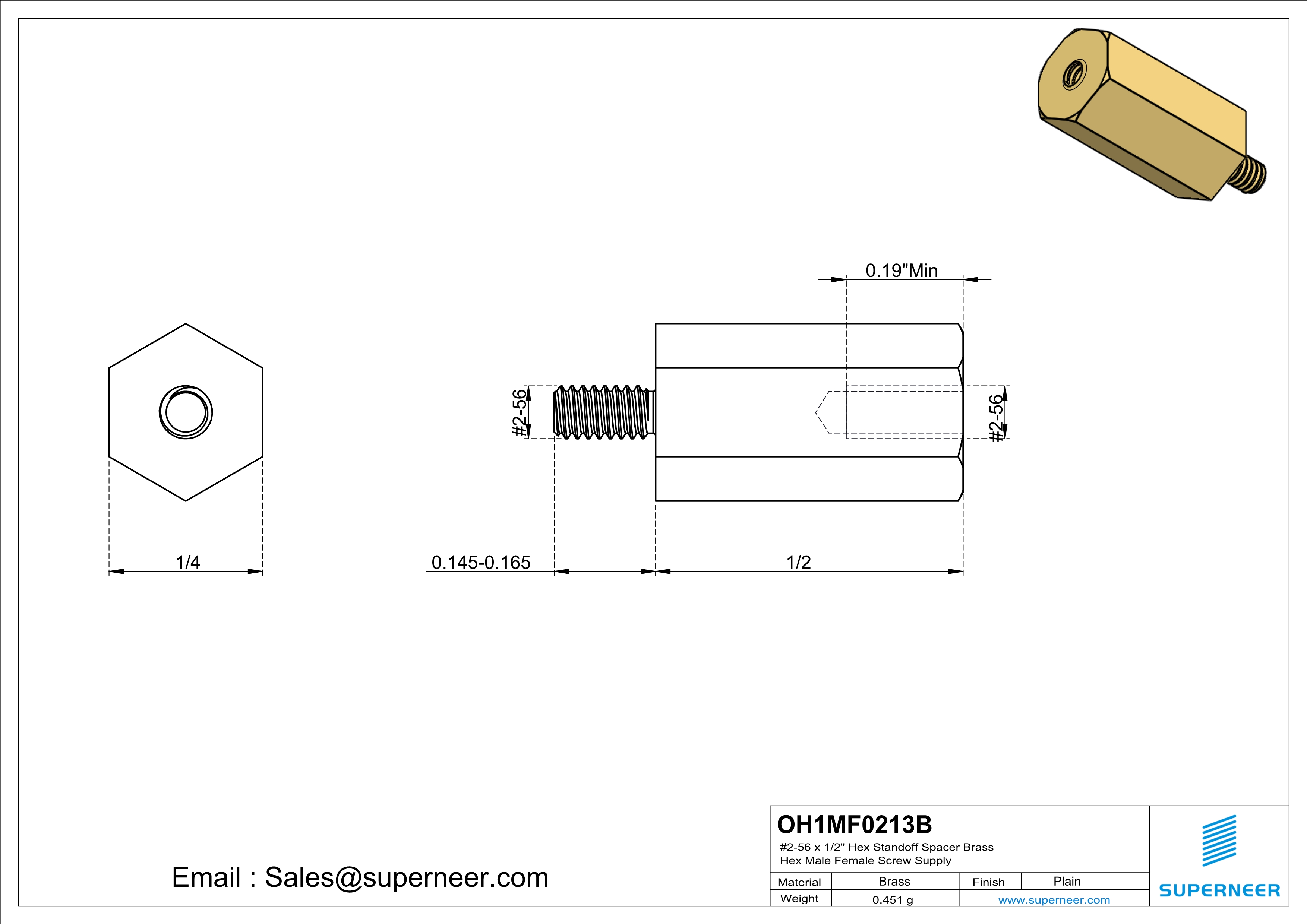 2-56 x 1/2" Hex Standoff Spacer Brass Hex Male Female Screw Supply