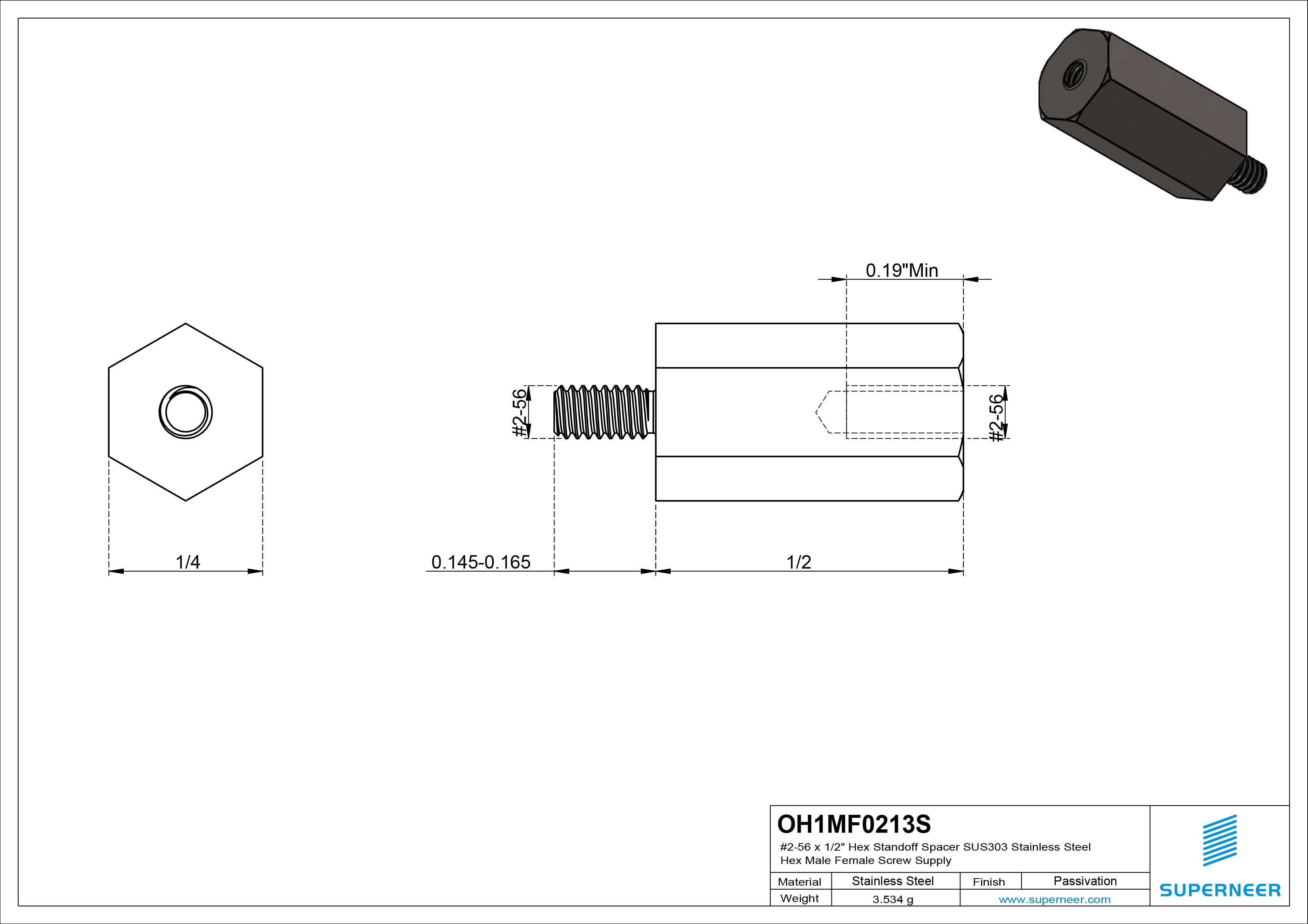 2-56 x 1/2" Hex Standoff Spacer SUS303 Stainless Steel Inox Hex Male Female Screw Supply