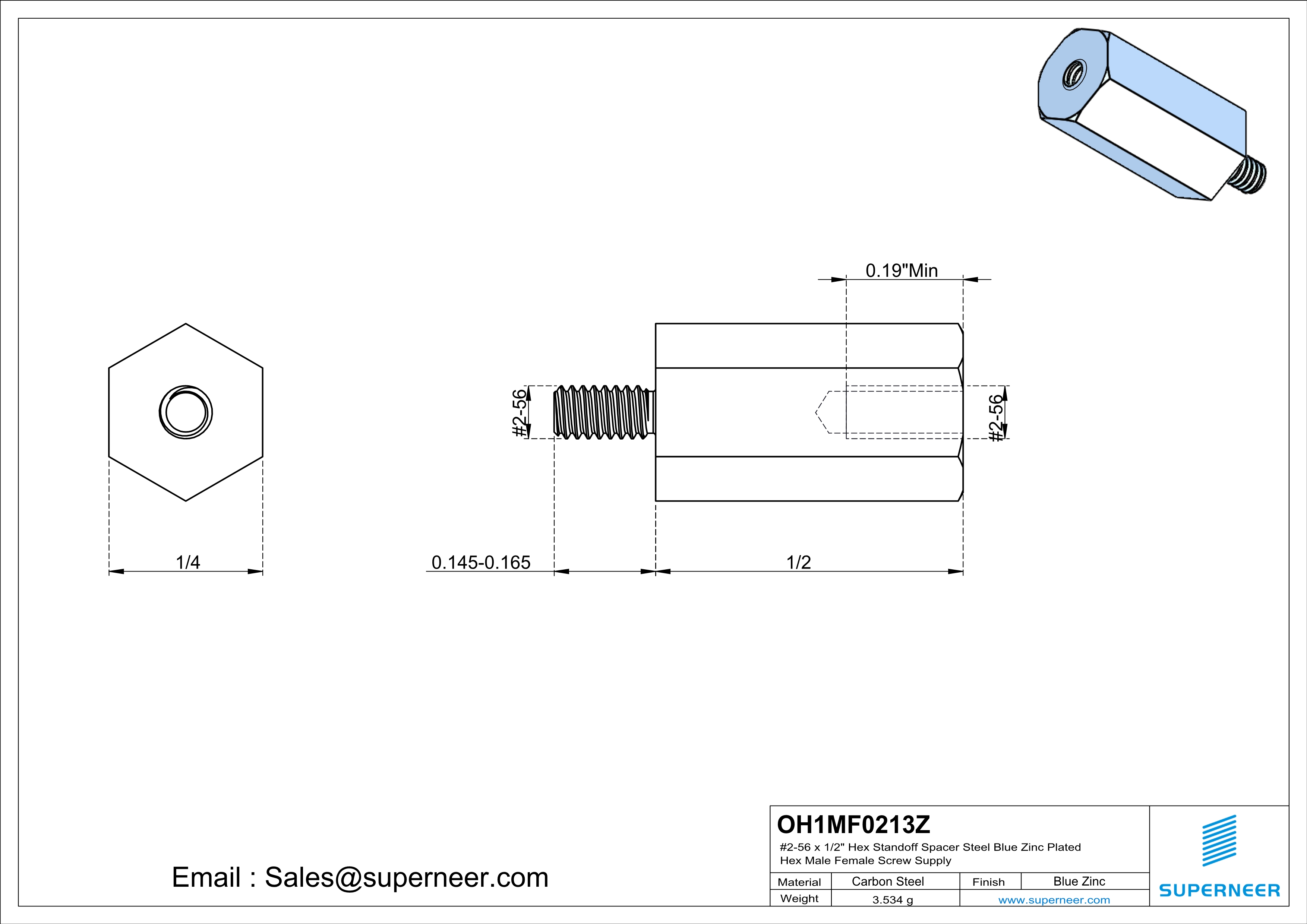 2-56 x 1/2" Hex Standoff Spacer Steel Blue Zinc Plated Hex Male Female Screw Supply