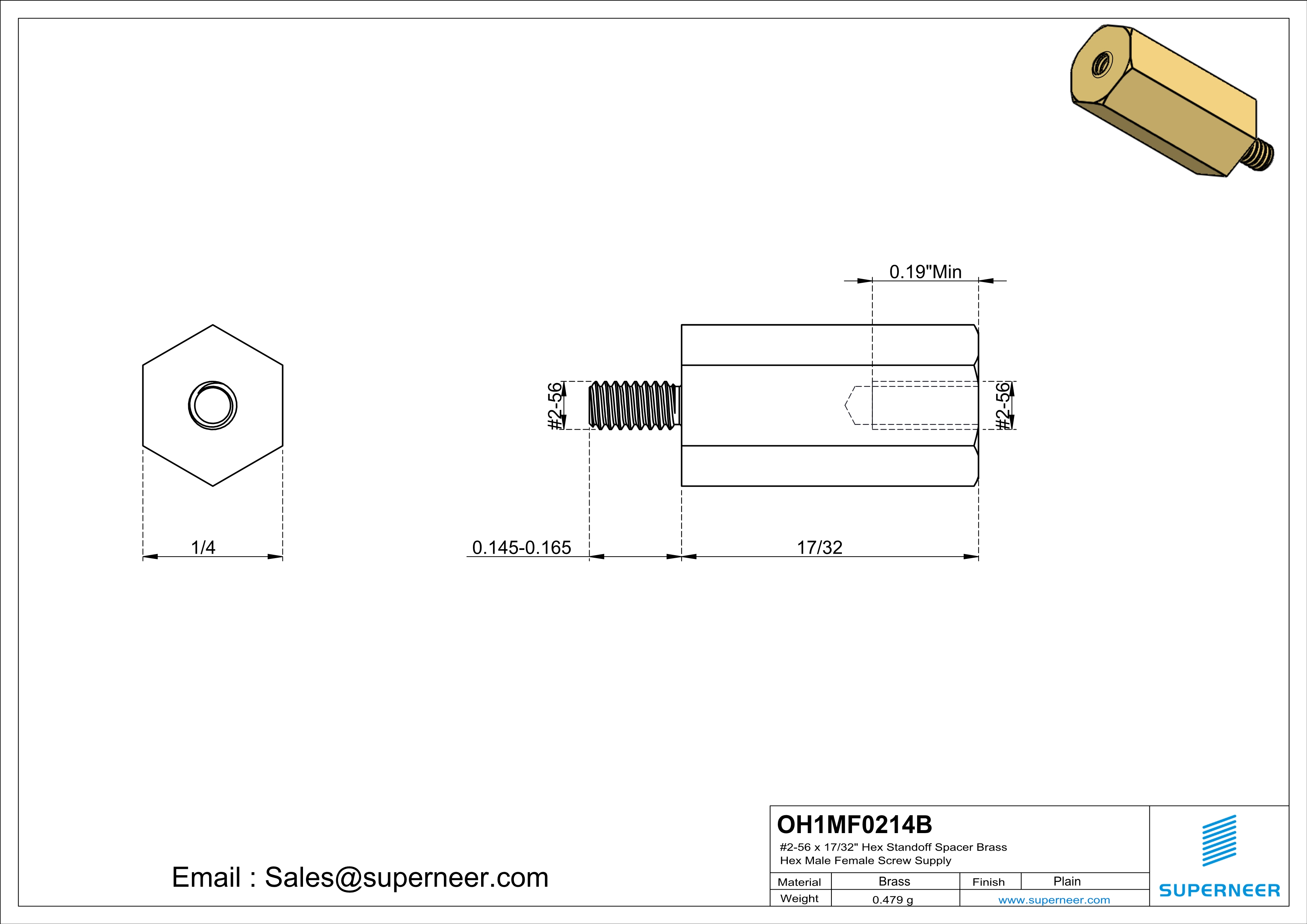 2-56 x 17/32" Hex Standoff Spacer Brass Hex Male Female Screw Supply