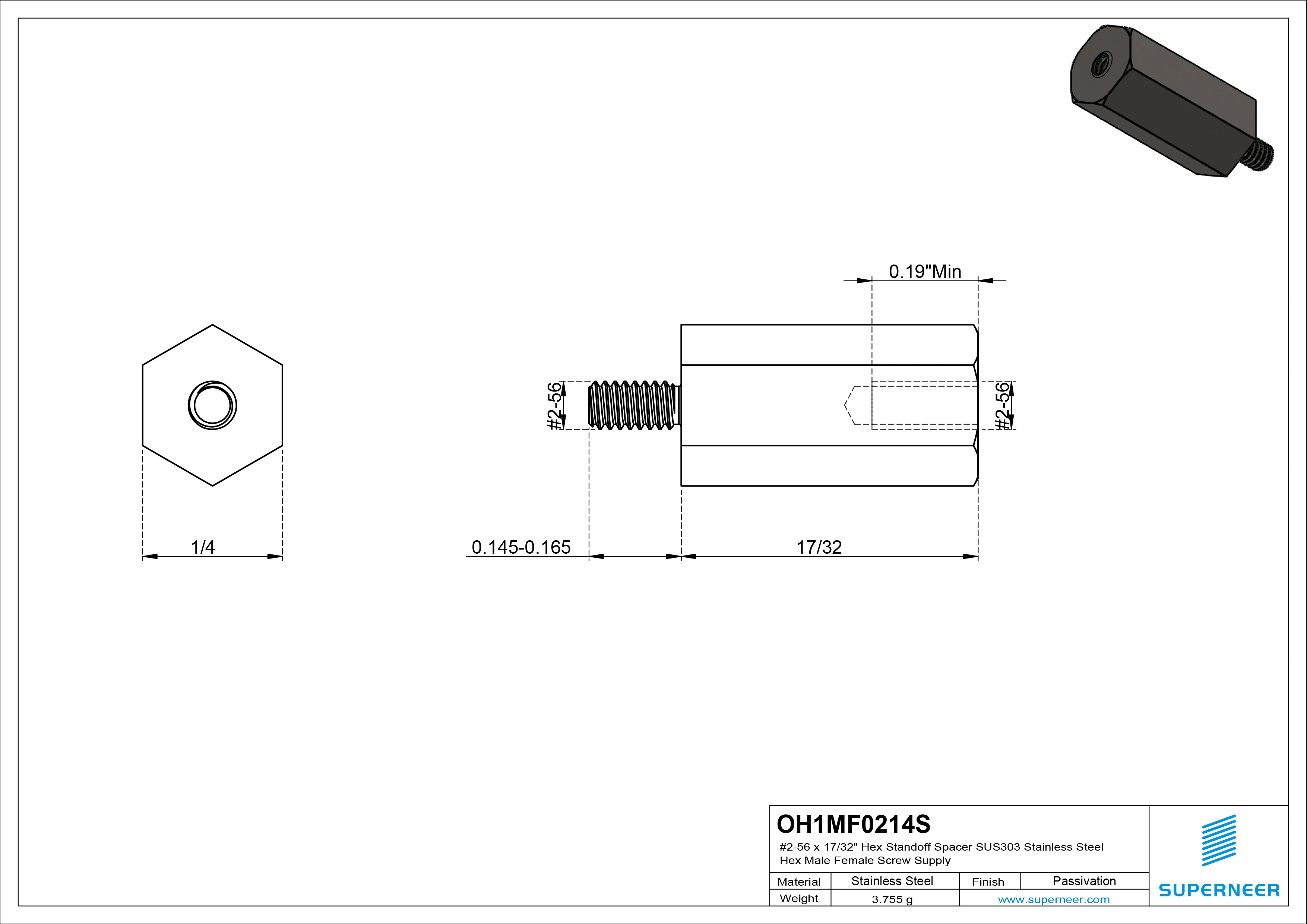 2-56 x 17/32" Hex Standoff Spacer SUS303 Stainless Steel Inox Hex Male Female Screw Supply