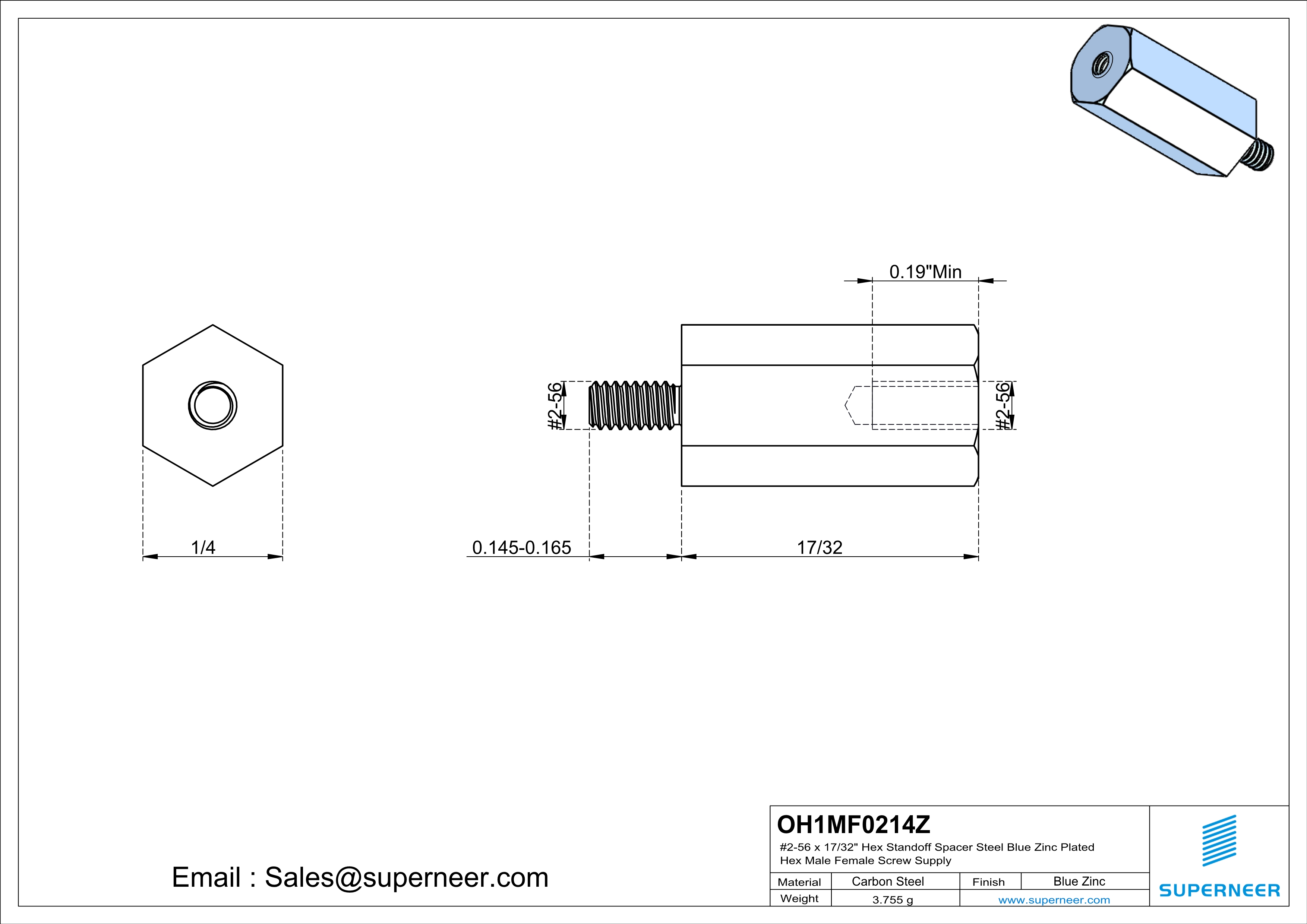 2-56 x 17/32" Hex Standoff Spacer Steel Blue Zinc Plated Hex Male Female Screw Supply