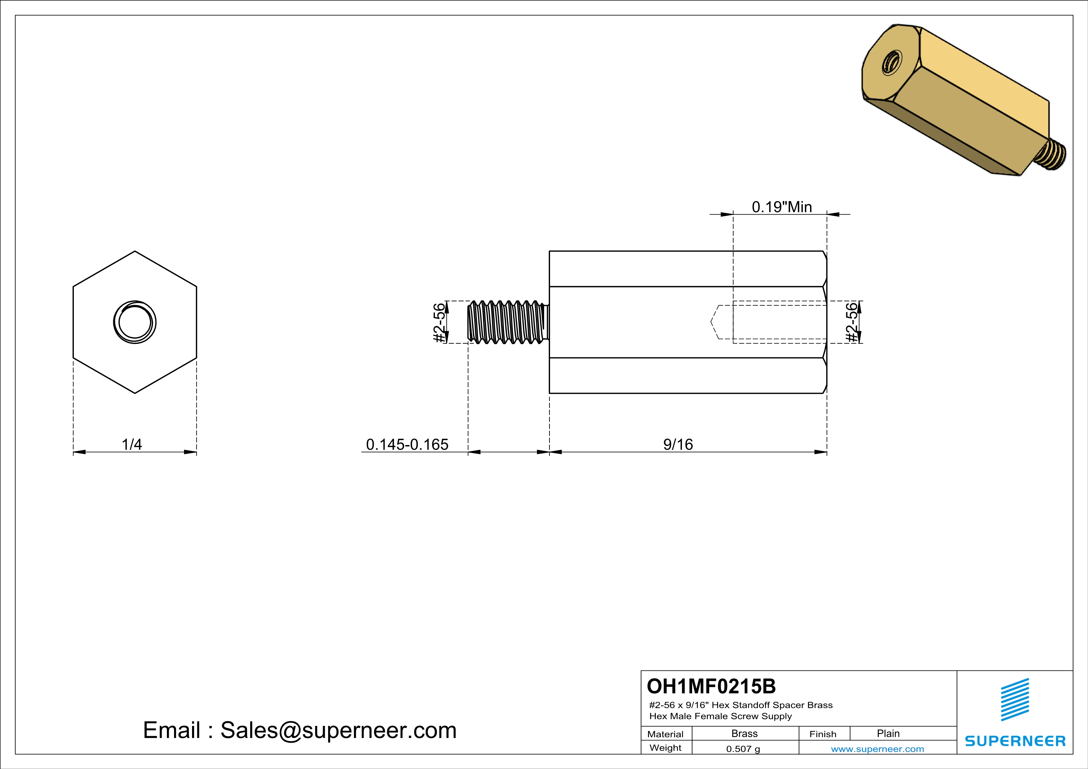 2-56 x 9/16" Hex Standoff Spacer Brass Hex Male Female Screw Supply