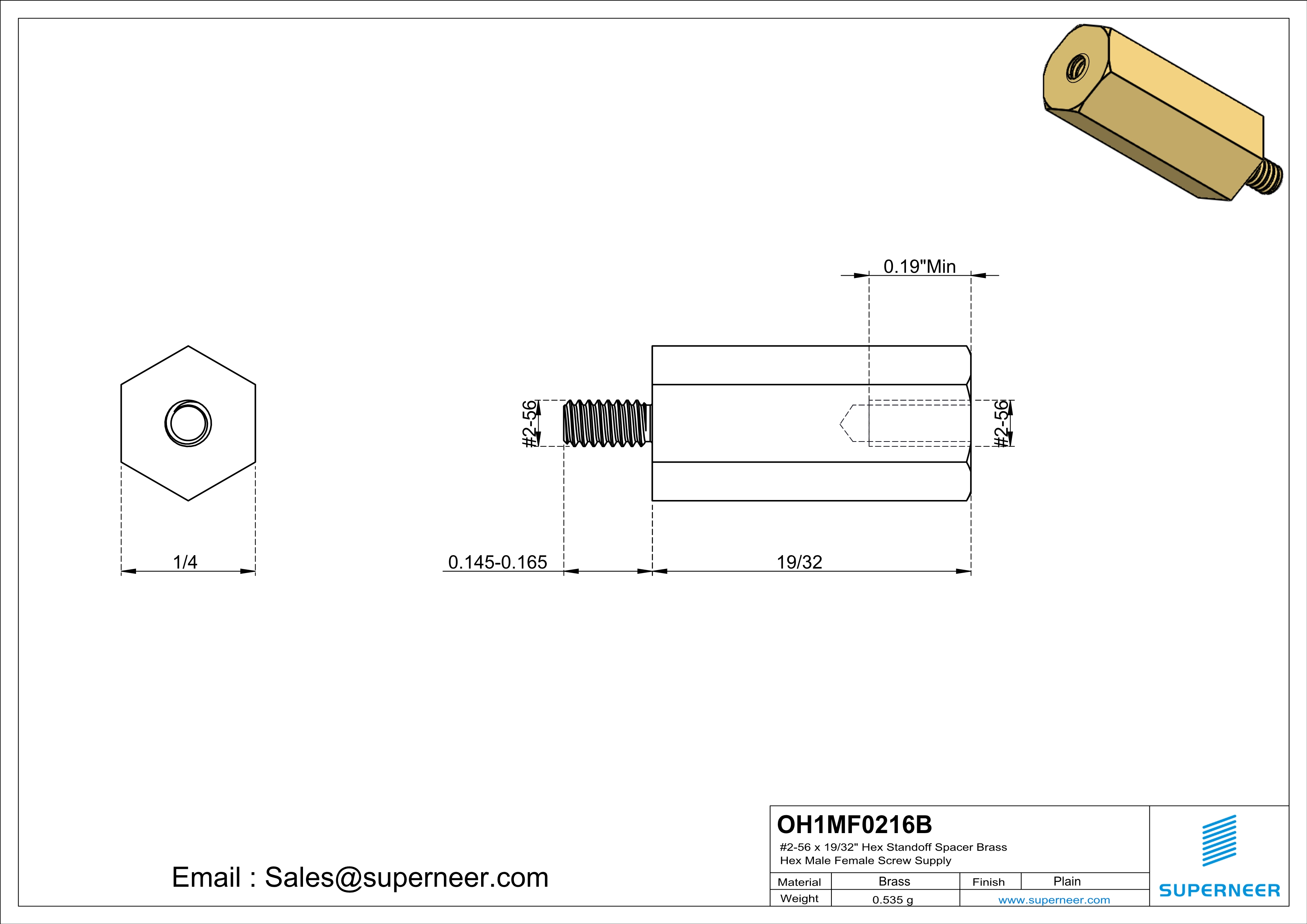 2-56 x 19/32" Hex Standoff Spacer Brass Hex Male Female Screw Supply