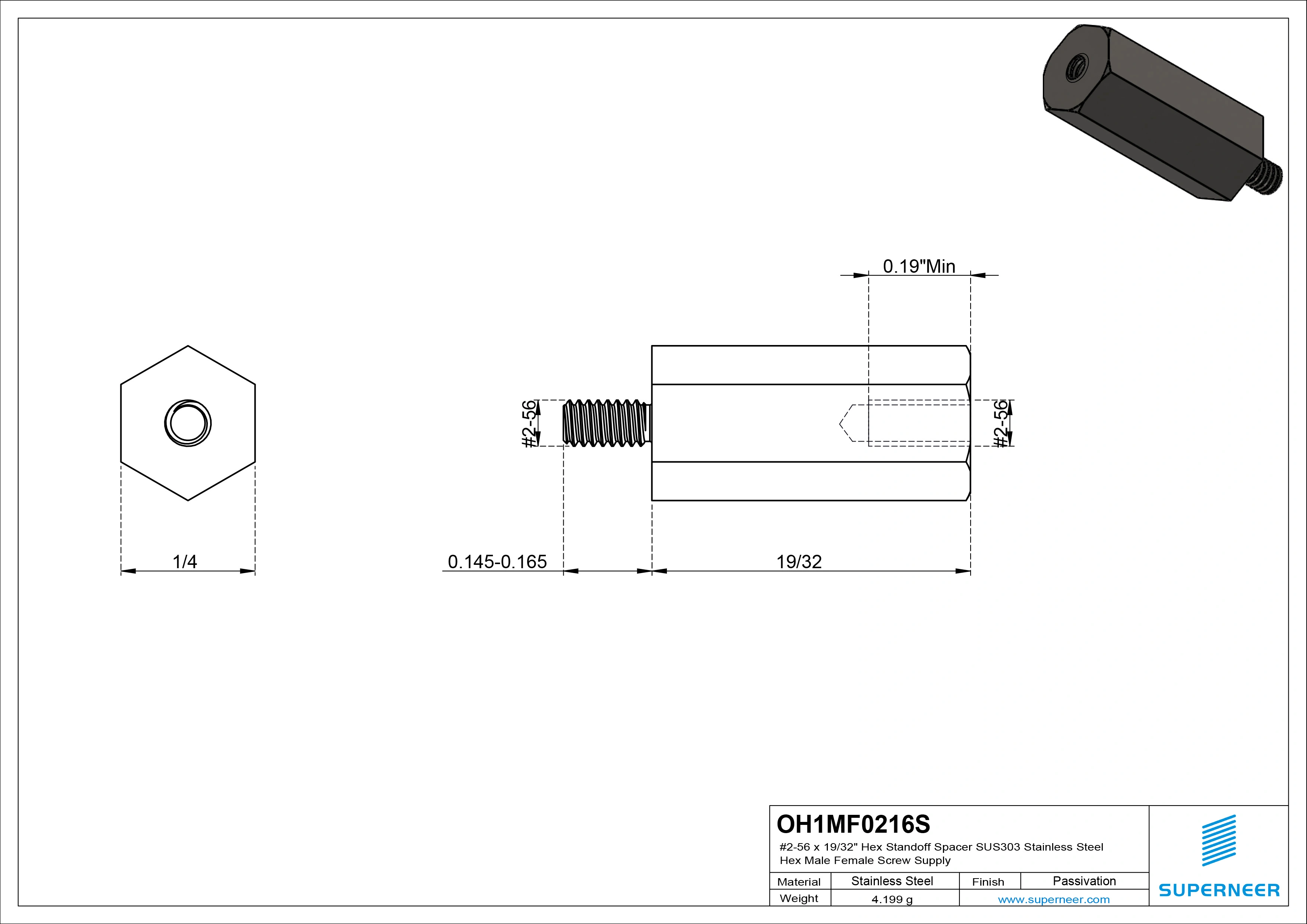 2-56 x 19/32" Hex Standoff Spacer SUS303 Stainless Steel Inox Hex Male Female Screw Supply