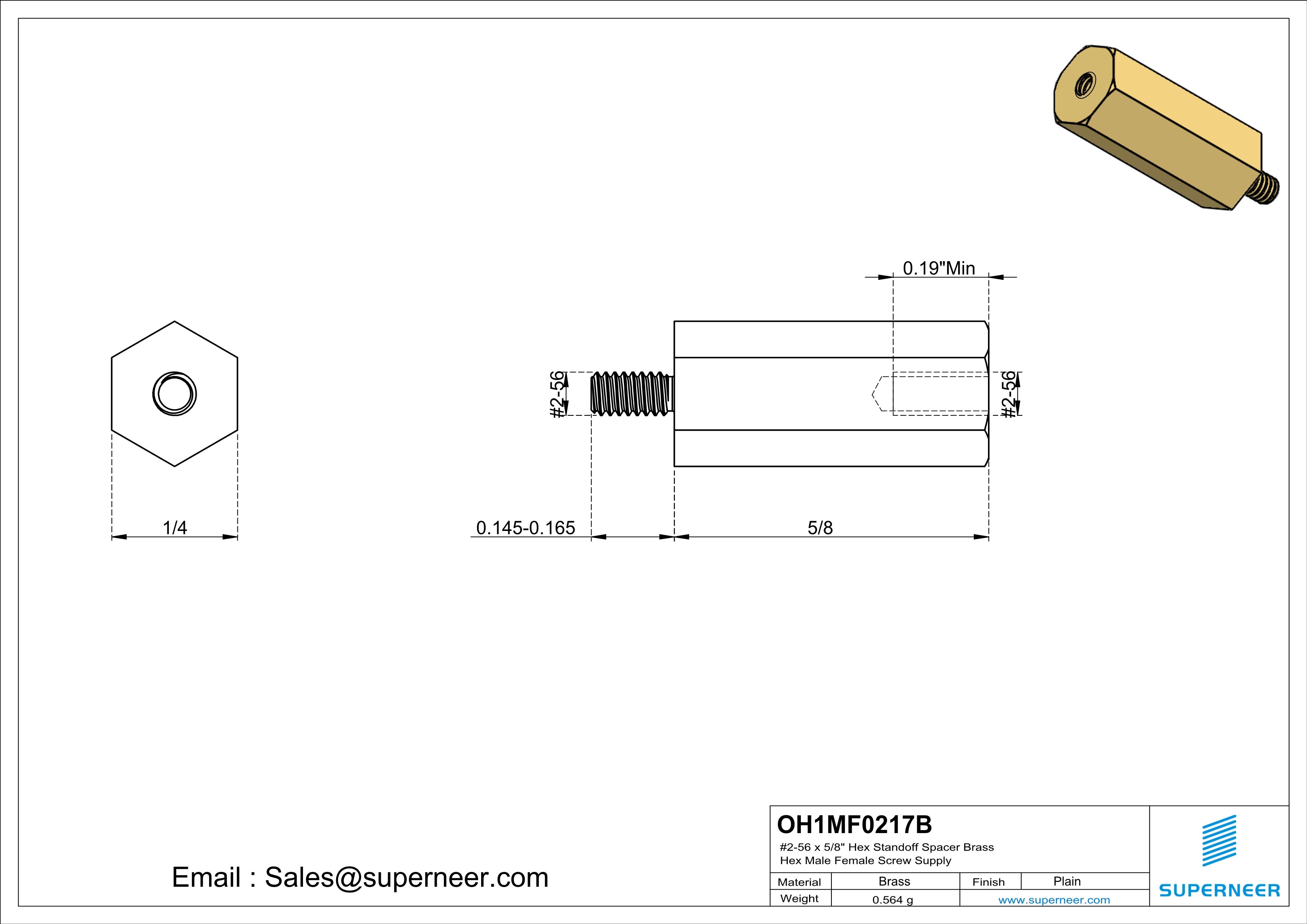 2-56 x 5/8" Hex Standoff Spacer Brass Hex Male Female Screw Supply