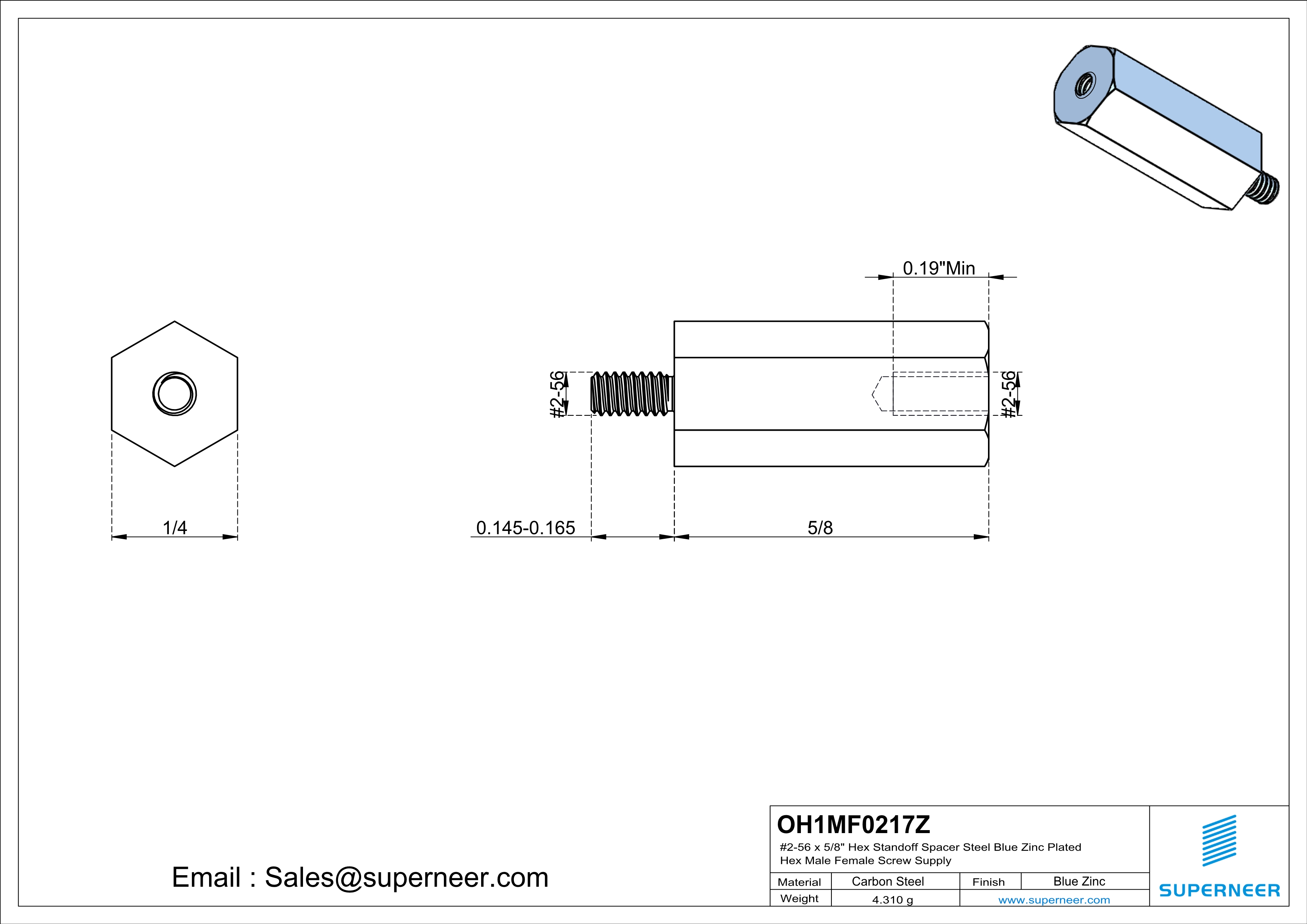 2-56 x 5/8" Hex Standoff Spacer Steel Blue Zinc Plated Hex Male Female Screw Supply
