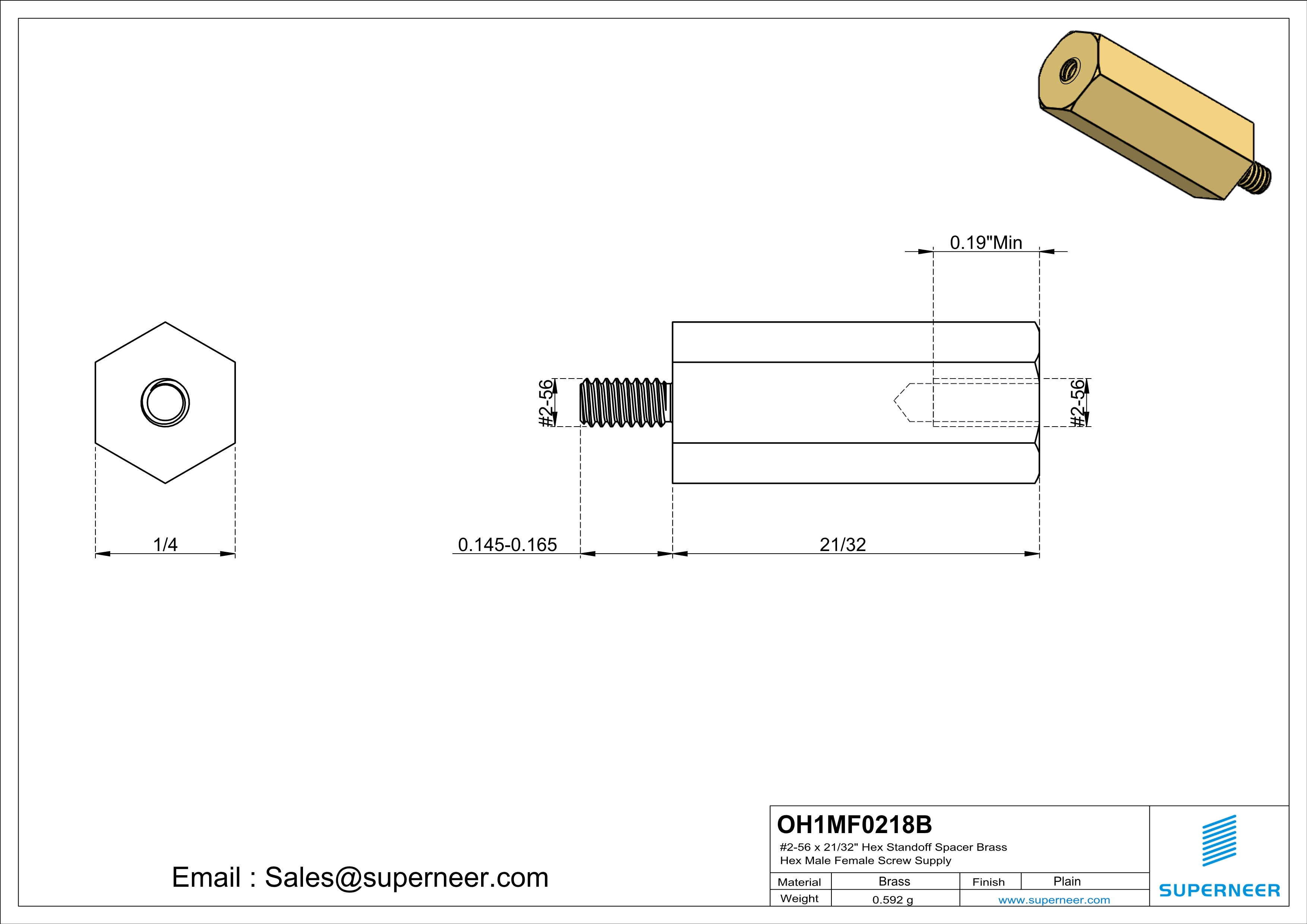 2-56 x 21/32" Hex Standoff Spacer Brass Hex Male Female Screw Supply