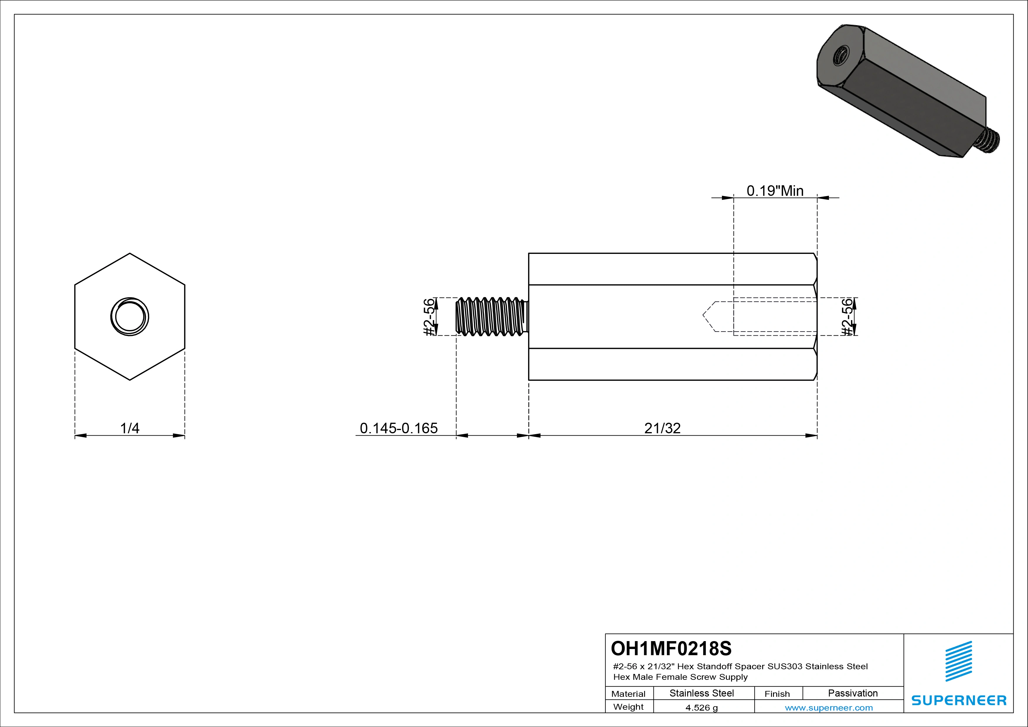 2-56 x 21/32" Hex Standoff Spacer SUS303 Stainless Steel Inox Hex Male Female Screw Supply