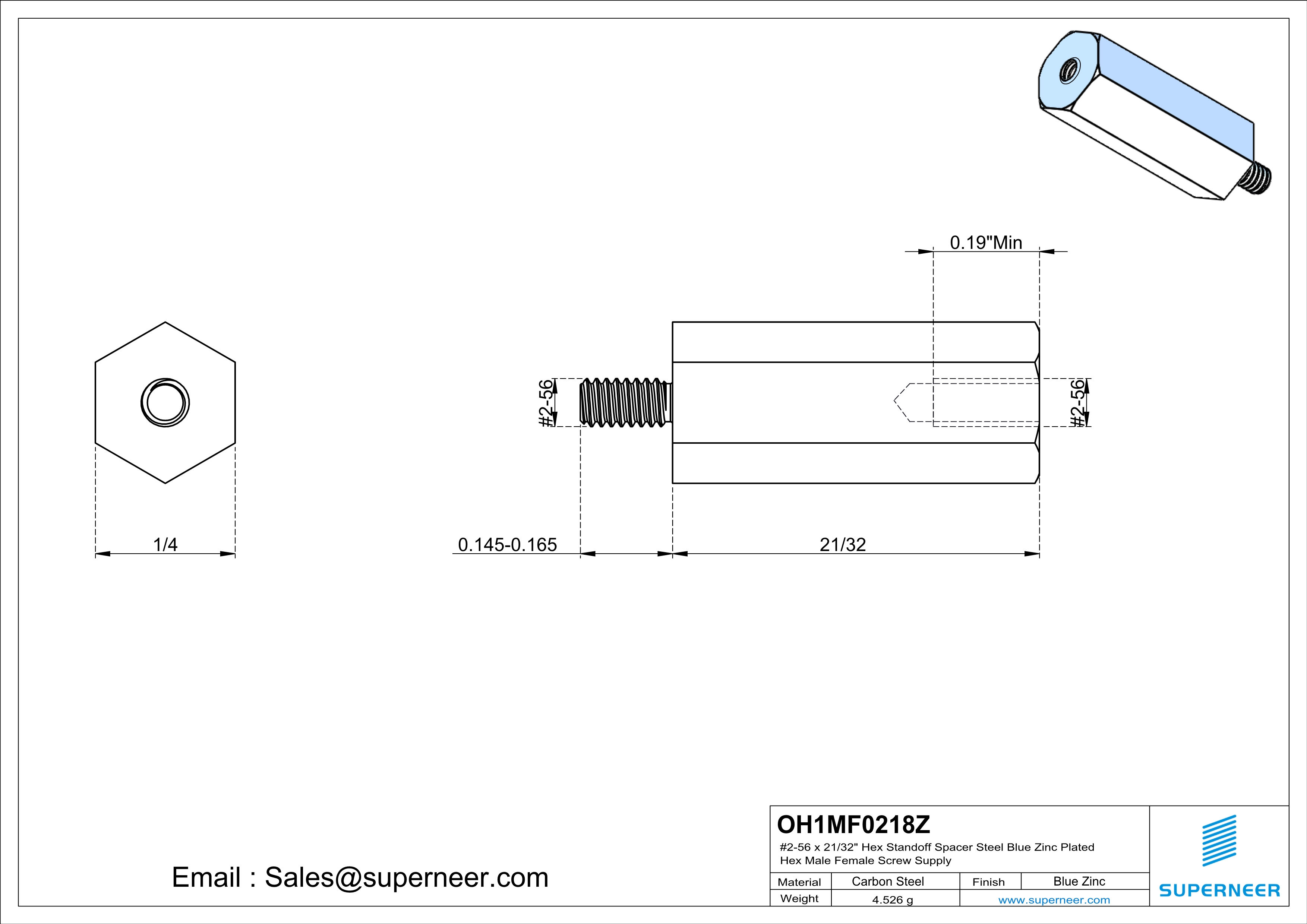 2-56 x 21/32" Hex Standoff Spacer Steel Blue Zinc Plated Hex Male Female Screw Supply