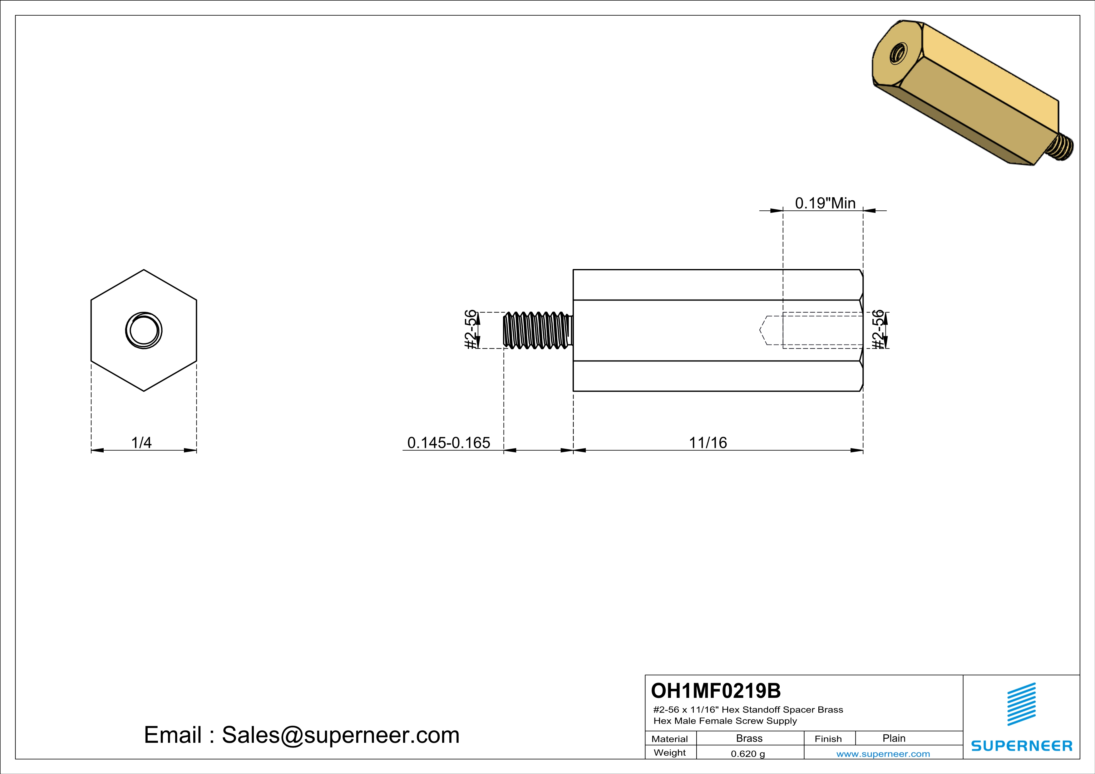 2-56 x 11/16" Hex Standoff Spacer Brass Hex Male Female Screw Supply