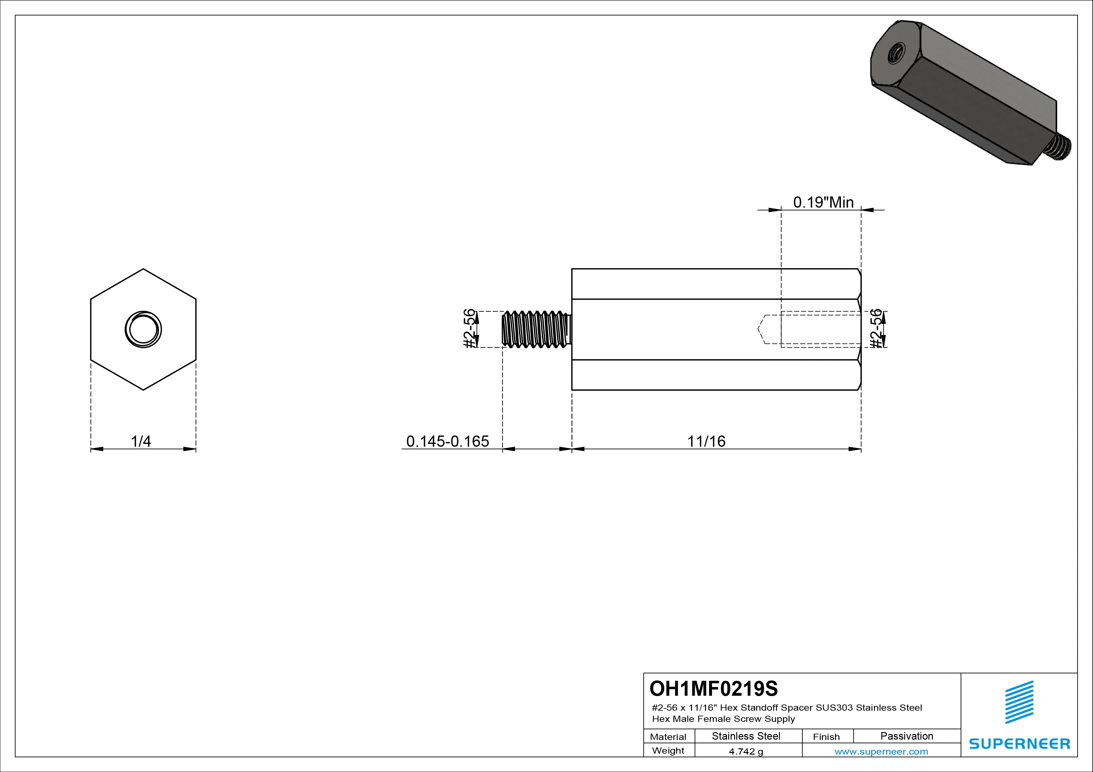 2-56 x 11/16" Hex Standoff Spacer SUS303 Stainless Steel Inox Hex Male Female Screw Supply