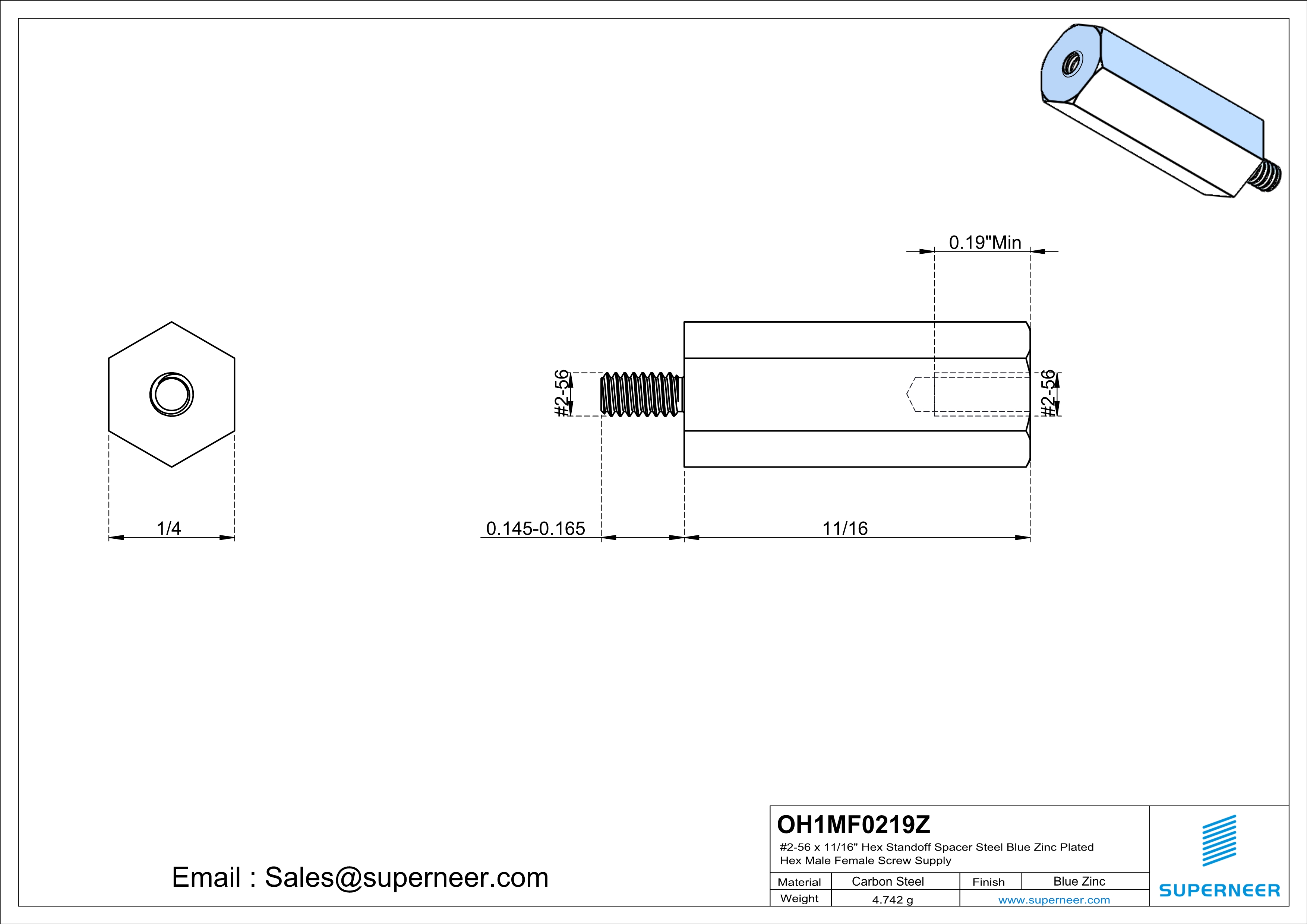 2-56 x 11/16" Hex Standoff Spacer Steel Blue Zinc Plated Hex Male Female Screw Supply