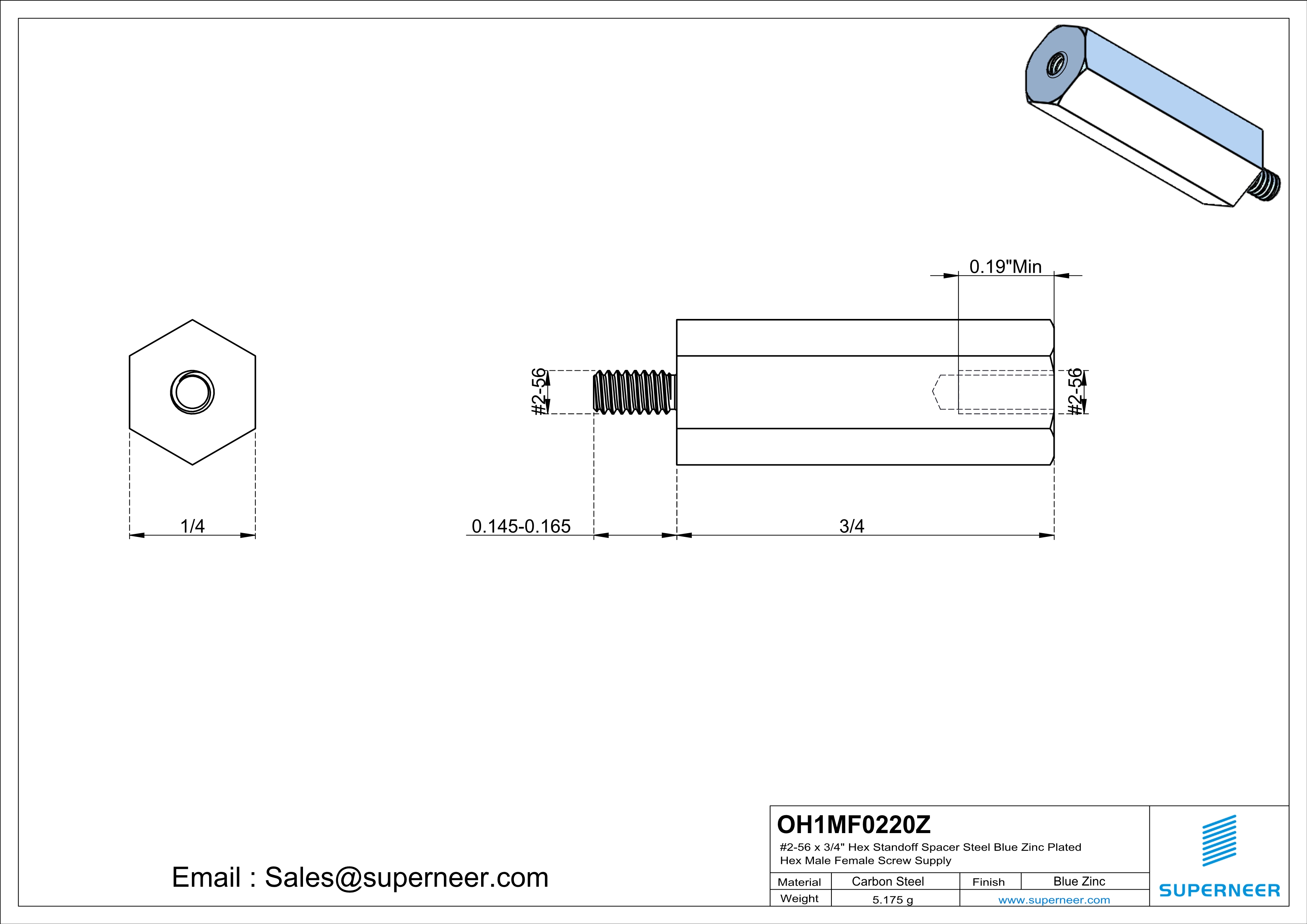 2-56 x 3/4" Hex Standoff Spacer Steel Blue Zinc Plated Hex Male Female Screw Supply