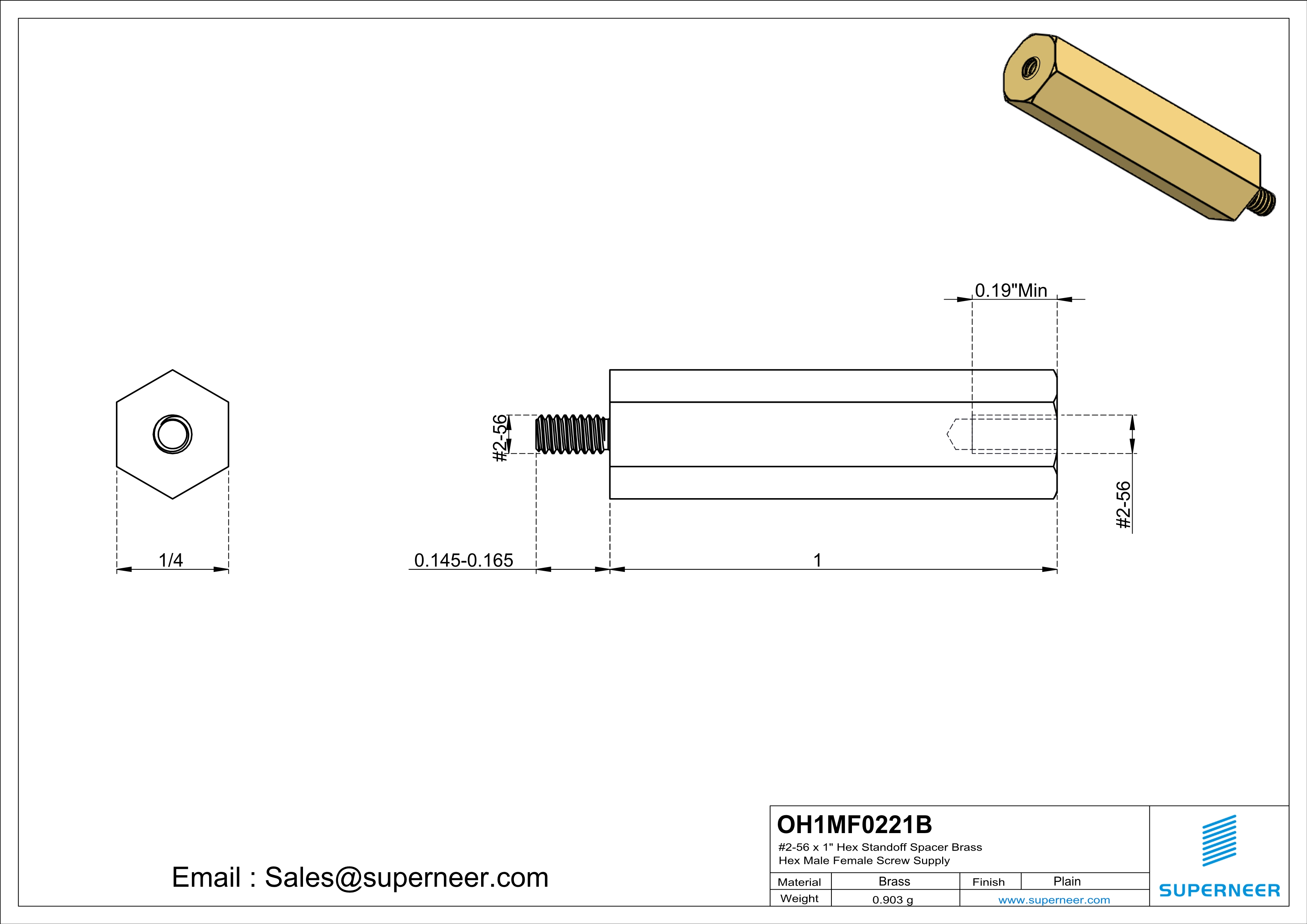 2-56 x 1" Hex Standoff Spacer Brass Hex Male Female Screw Supply