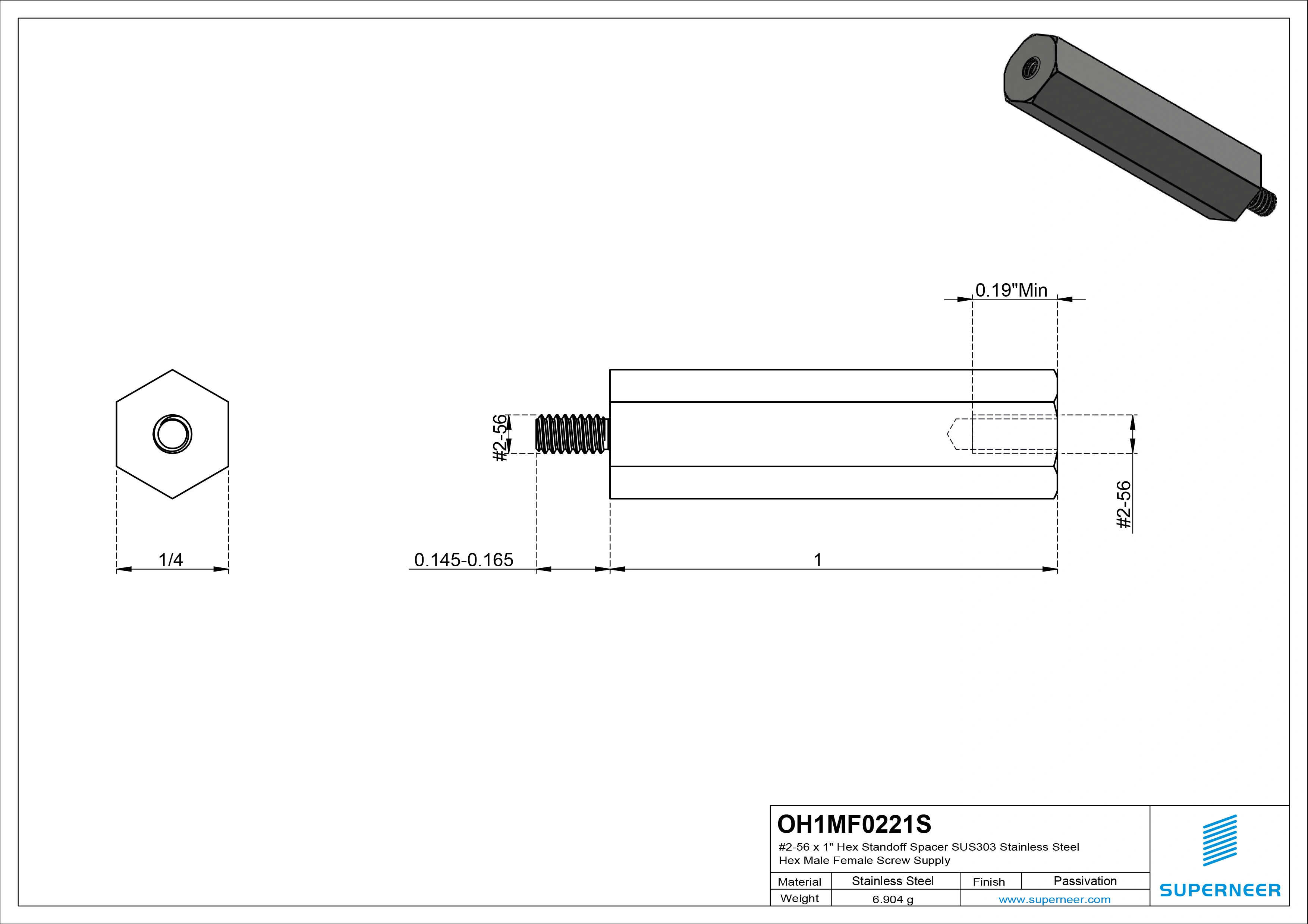 2-56 x 1" Hex Standoff Spacer SUS303 Stainless Steel Inox Hex Male Female Screw Supply