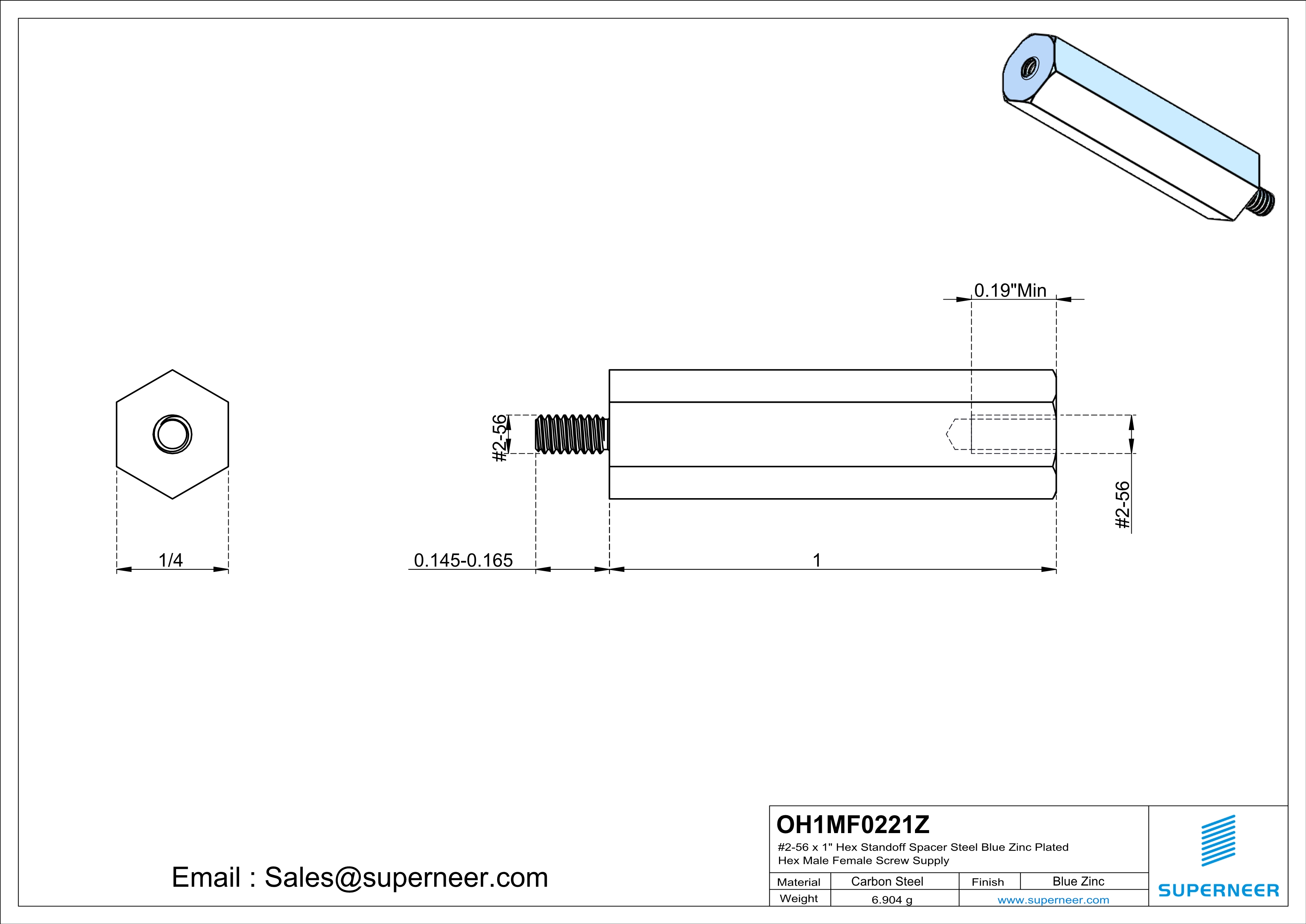 2-56 x 1" Hex Standoff Spacer Steel Blue Zinc Plated Hex Male Female Screw Supply