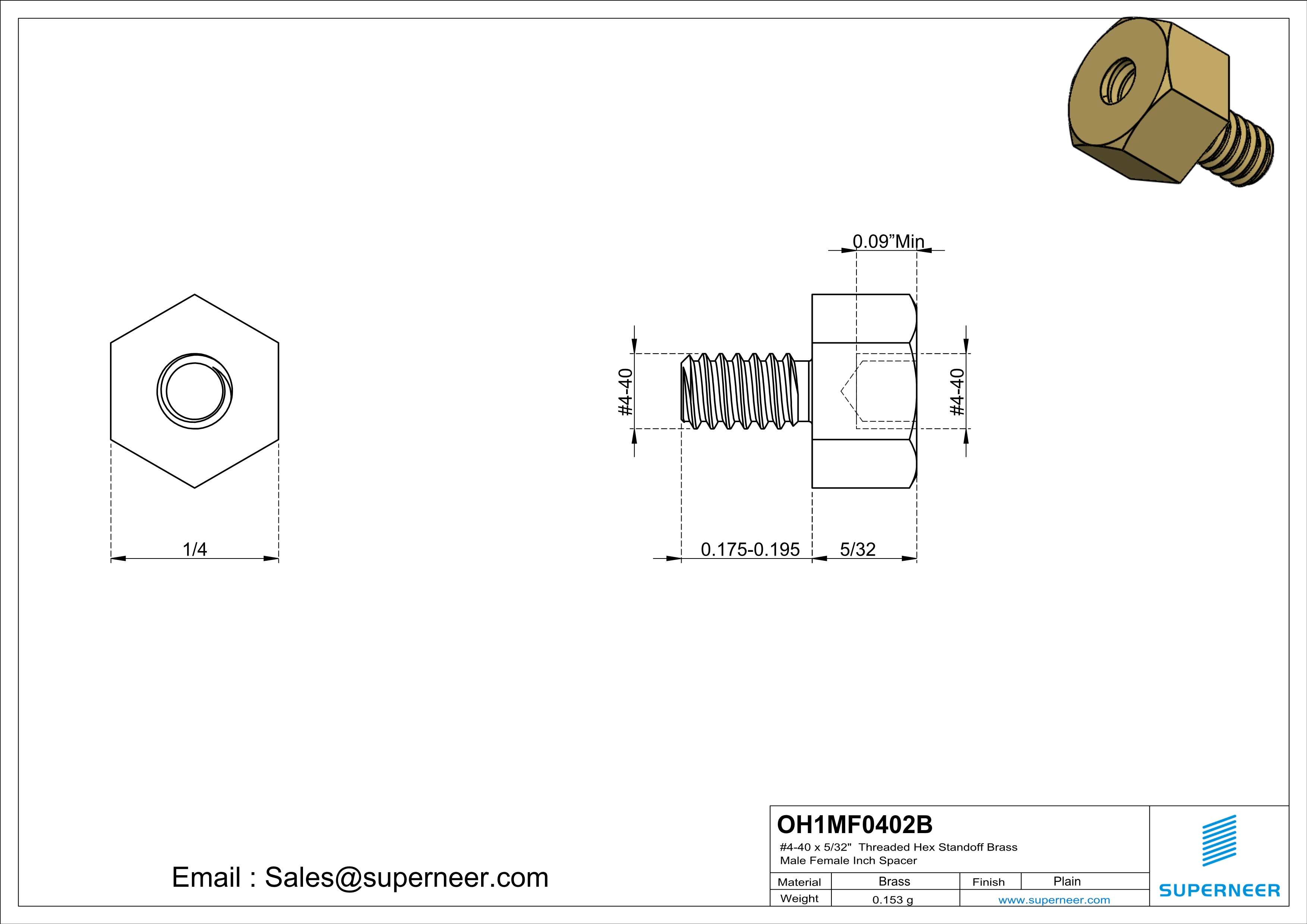 4-40 x 5/32" Threaded Hex Standoff Brass Male Female Inch Spacer 