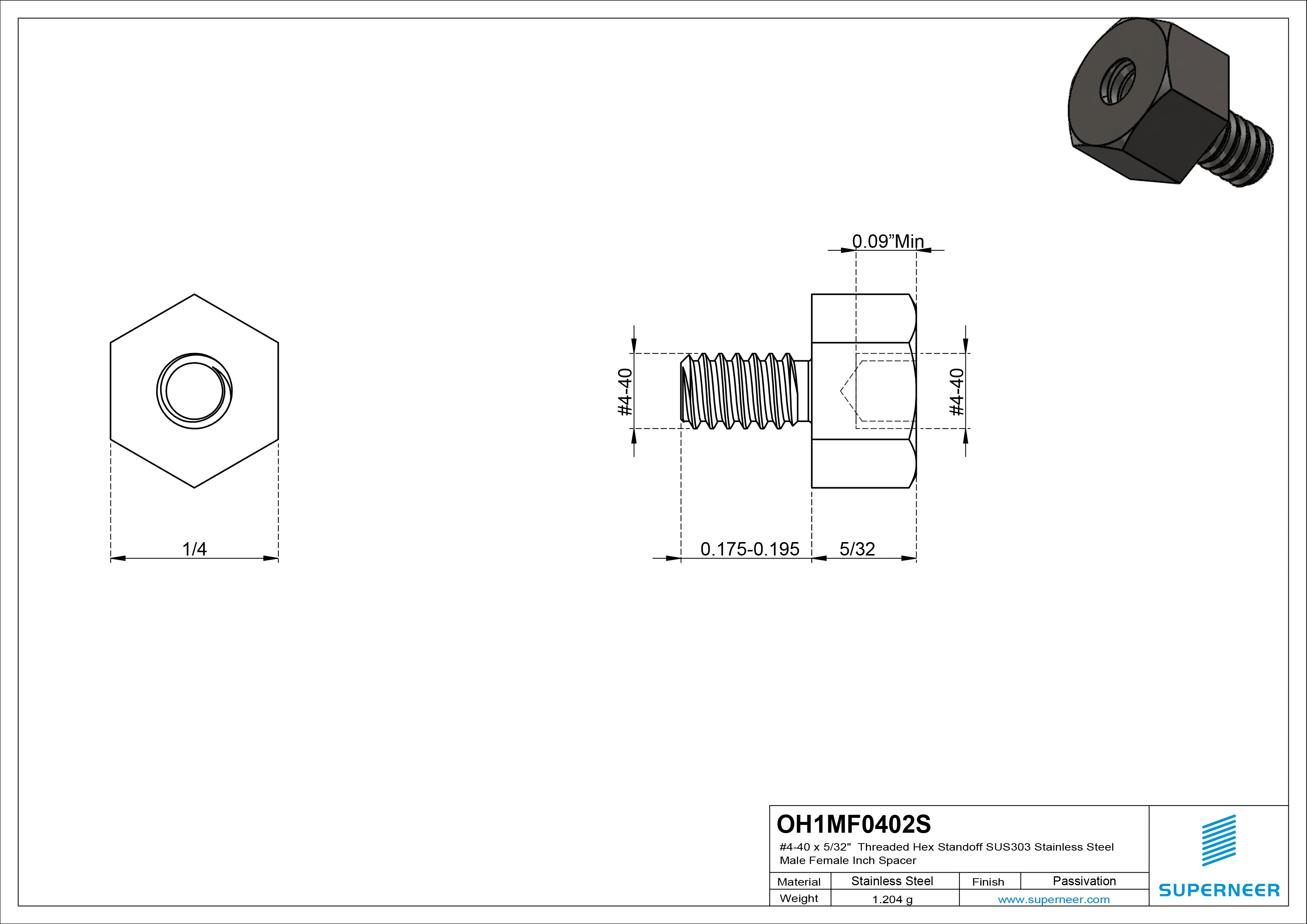 4-40 x 5/32" Threaded Hex Standoff SUS303 Stainless Steel Inox Male Female Inch Spacer 