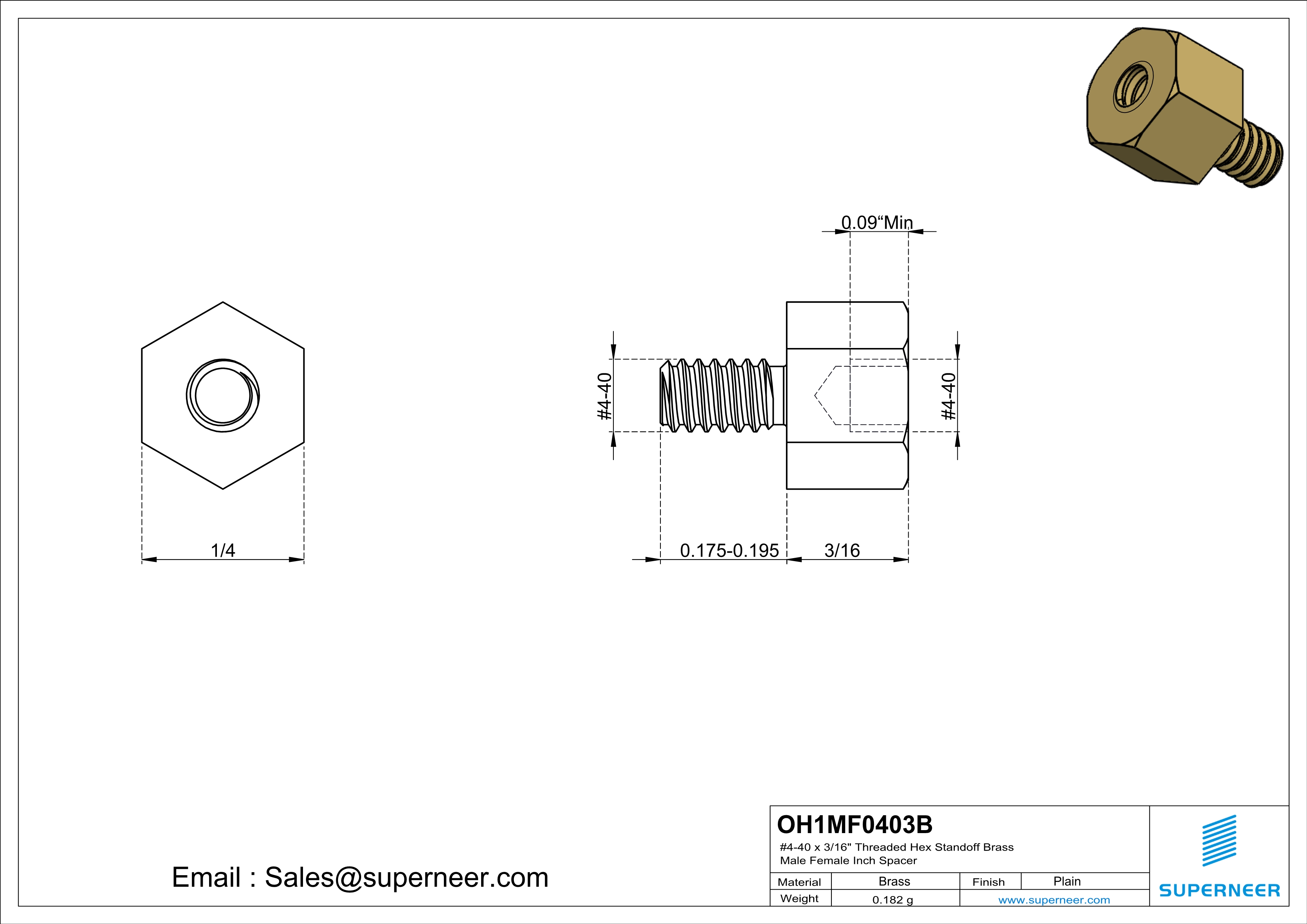 4-40 x 3/16" Threaded Hex Standoff Brass Male Female Inch Spacer 