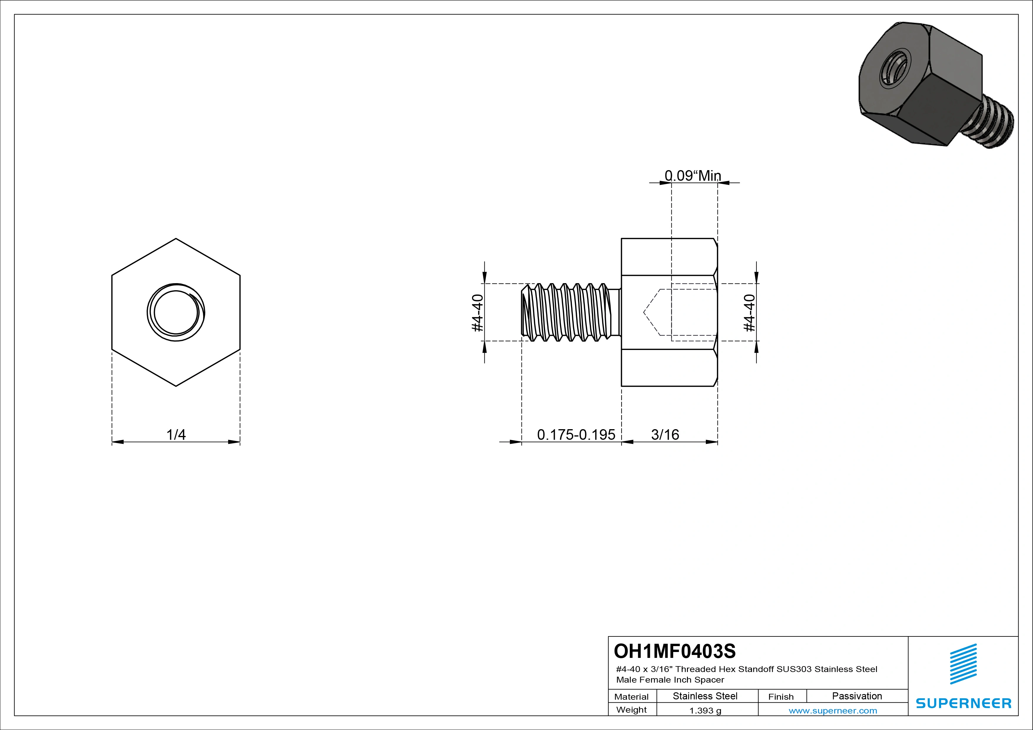 4-40 x 3/16" Threaded Hex Standoff SUS303 Stainless Steel Inox Male Female Inch Spacer 